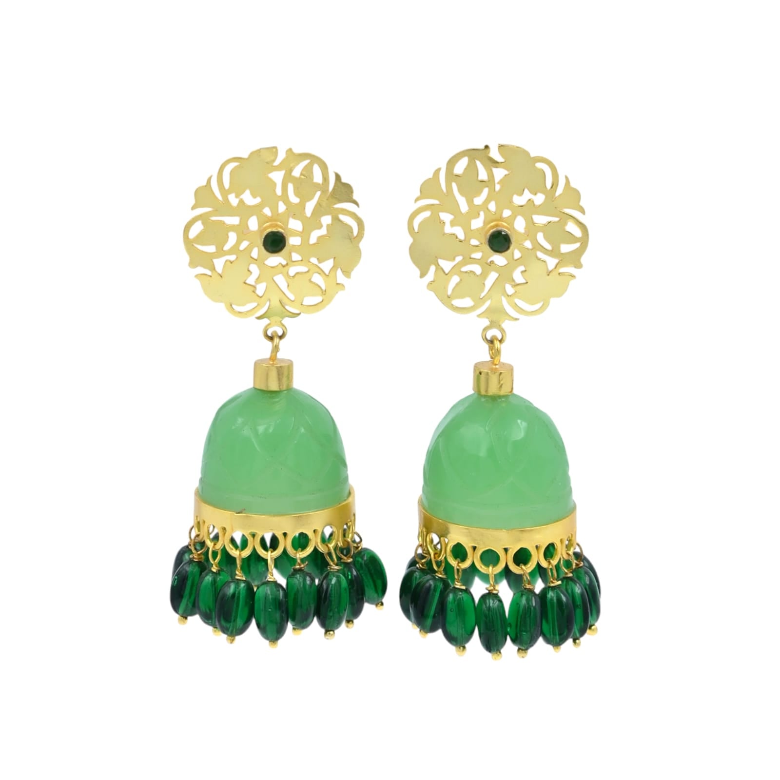 Stone Jhumka in 92.5 Sterling Silver handcrafted and dipped in 1 micron Gold plating in antique finish with grapes Aventurine in dome.