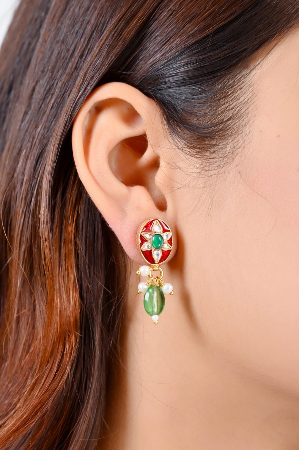 Earrings in Silver alloy in 1 micron Gold plating in antique finish in Jadau and Enamel earrings.