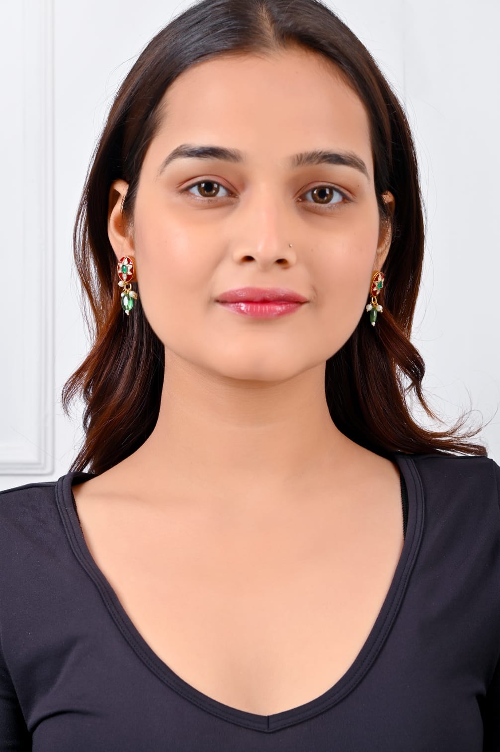 Earrings in Silver alloy in 1 micron Gold plating in antique finish in Jadau and Enamel earrings.