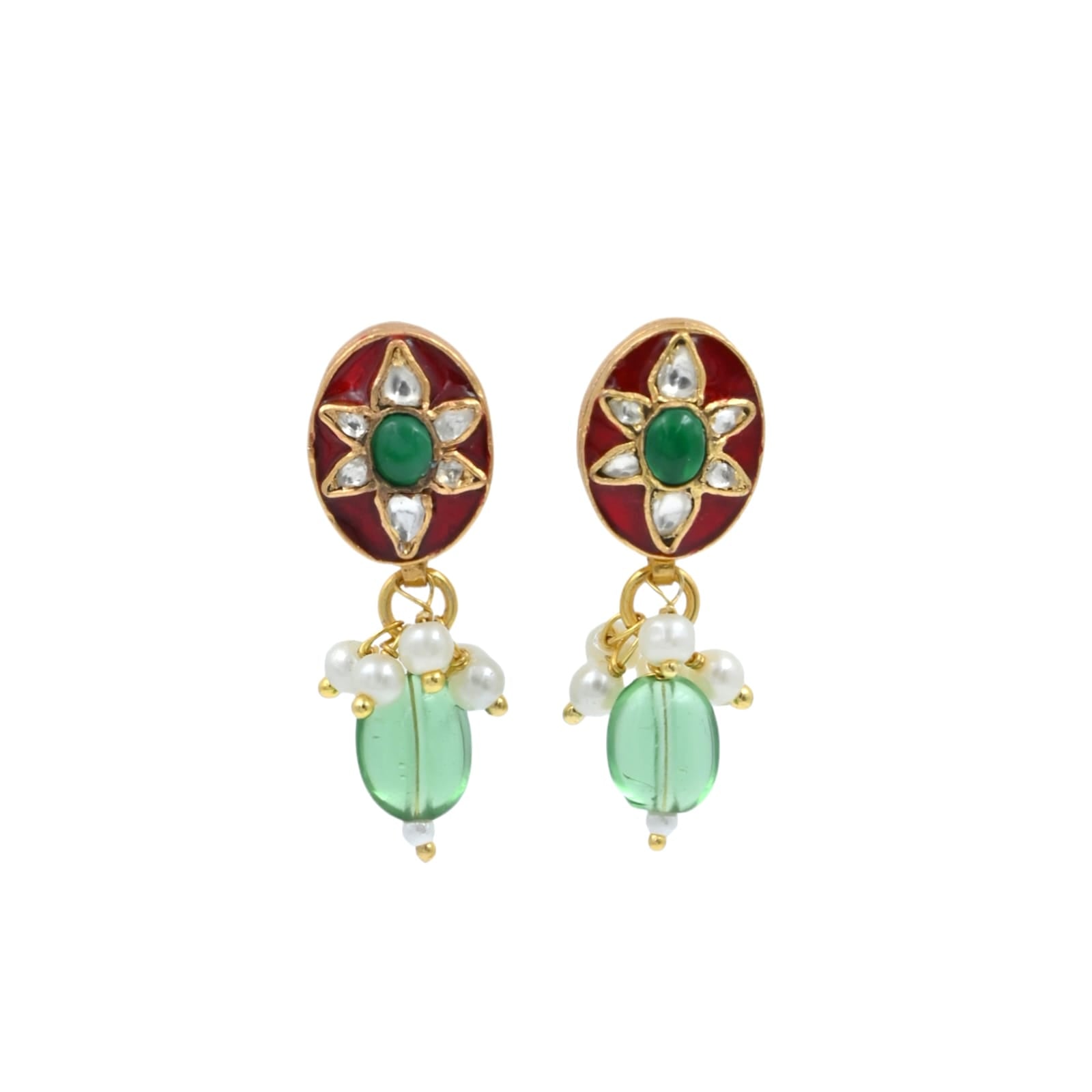 Earrings in Silver alloy in 1 micron Gold plating in antique finish in Jadau and Enamel earrings.