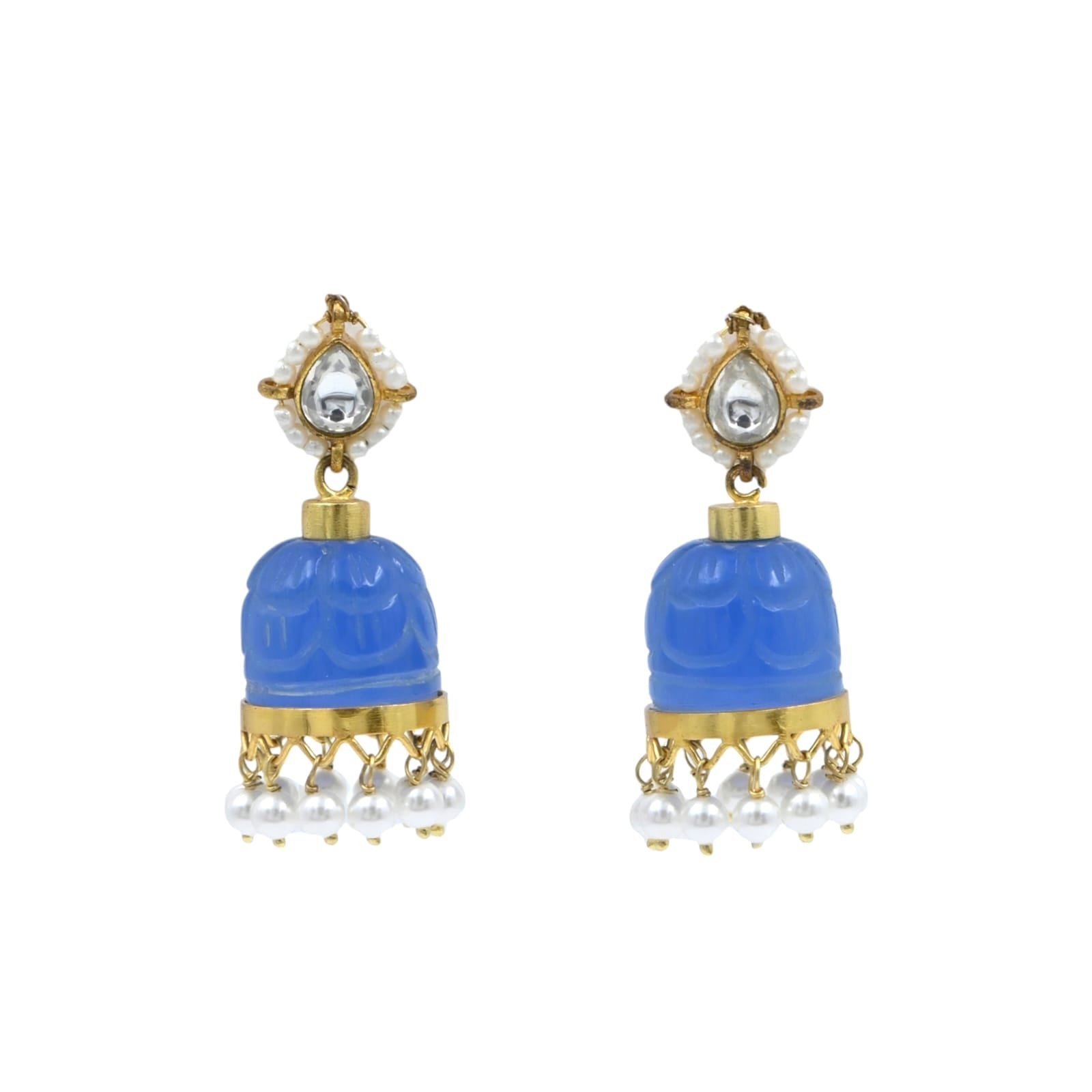 Stone jhumka in 92.5 Sterling Silver handcrafted and dipped in 1 micron Gold plating in Jadau-Polki in a traditional blue Quartz dome.