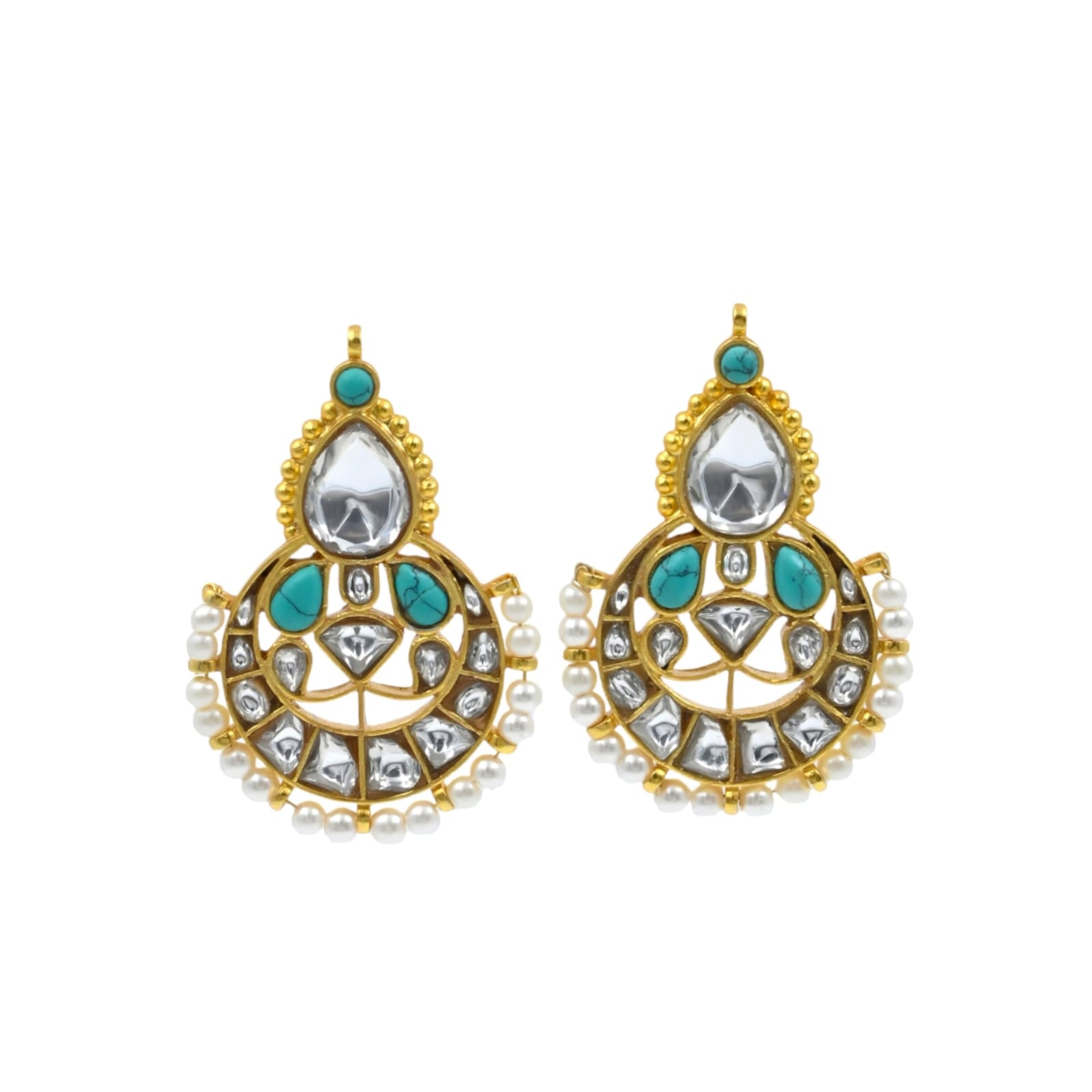 Earrings in 92.5 Sterling Silver handcrafted and dipped in 1 micron Gold plating in Jadau-Polki in traditional Turquoise.