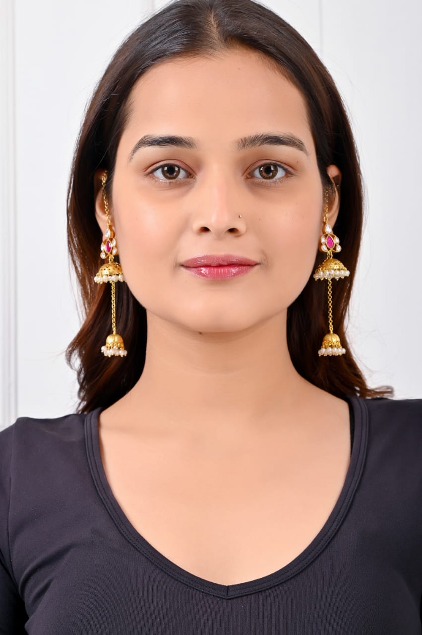 Kashmiri jhumka in 92.5 Sterling silver handcrafted and dipped in 1 micron Gold plating in Jadau-Polki.