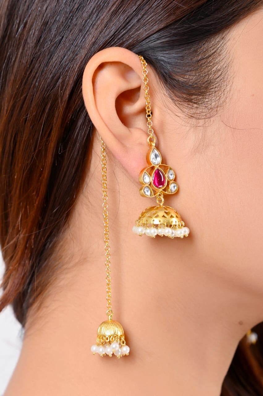 Kashmiri jhumka in 92.5 Sterling silver handcrafted and dipped in 1 micron Gold plating in Jadau-Polki.