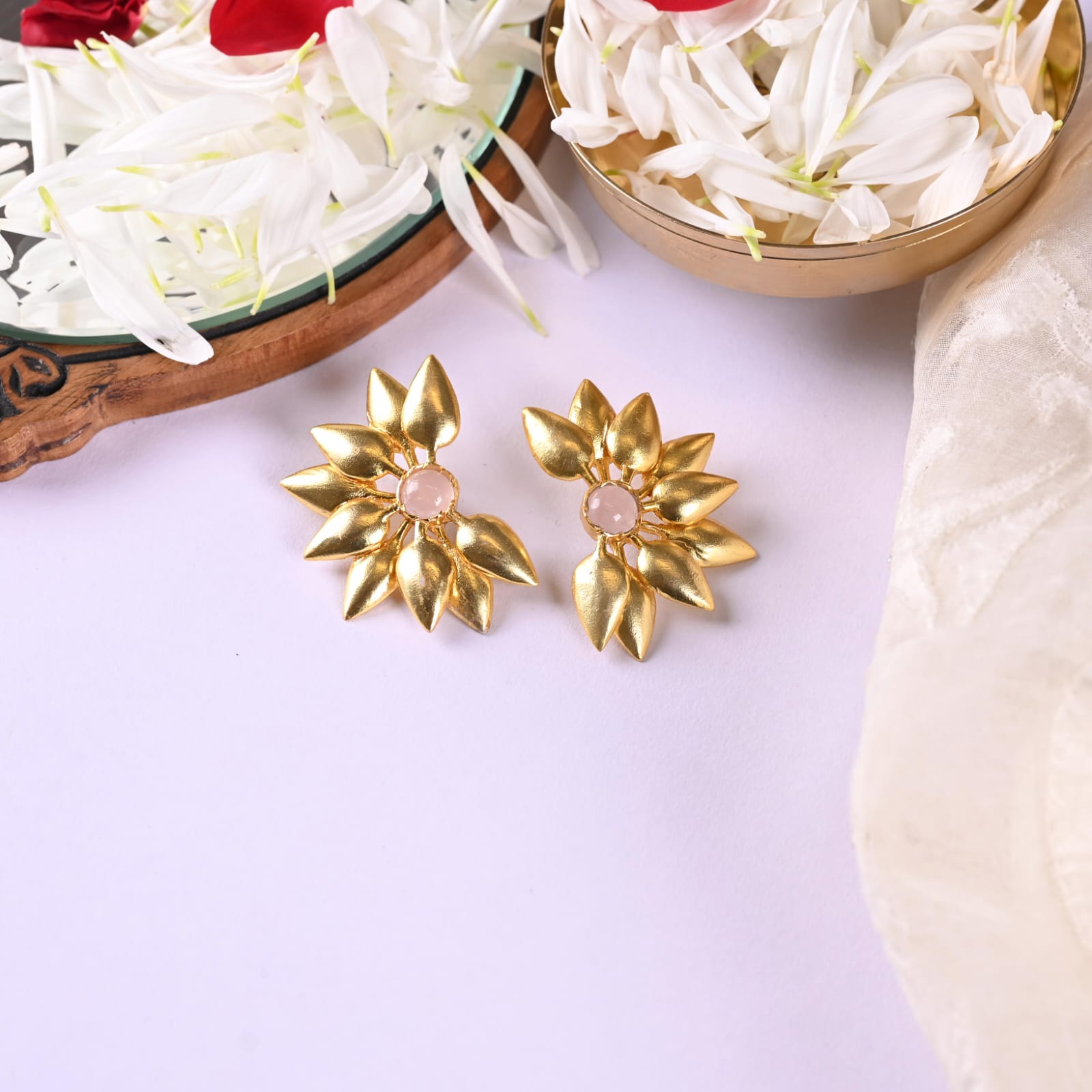 Rose-Quartz pattidar earrings in 92.5 Sterling Silver handcrafted, and dipped in 1 micron Gold plated.