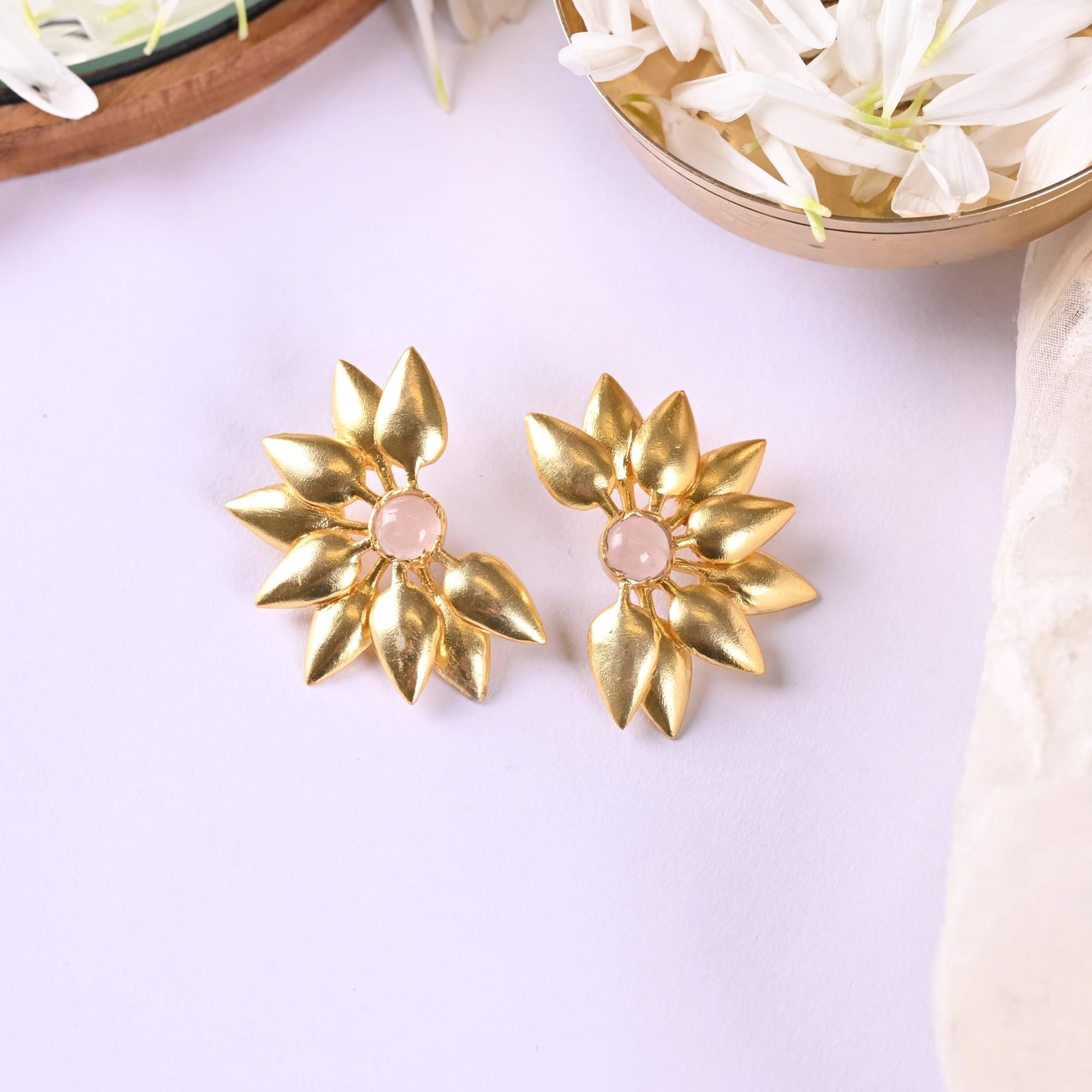 Rose-Quartz pattidar earrings in 92.5 Sterling Silver handcrafted, and dipped in 1 micron Gold plated.
