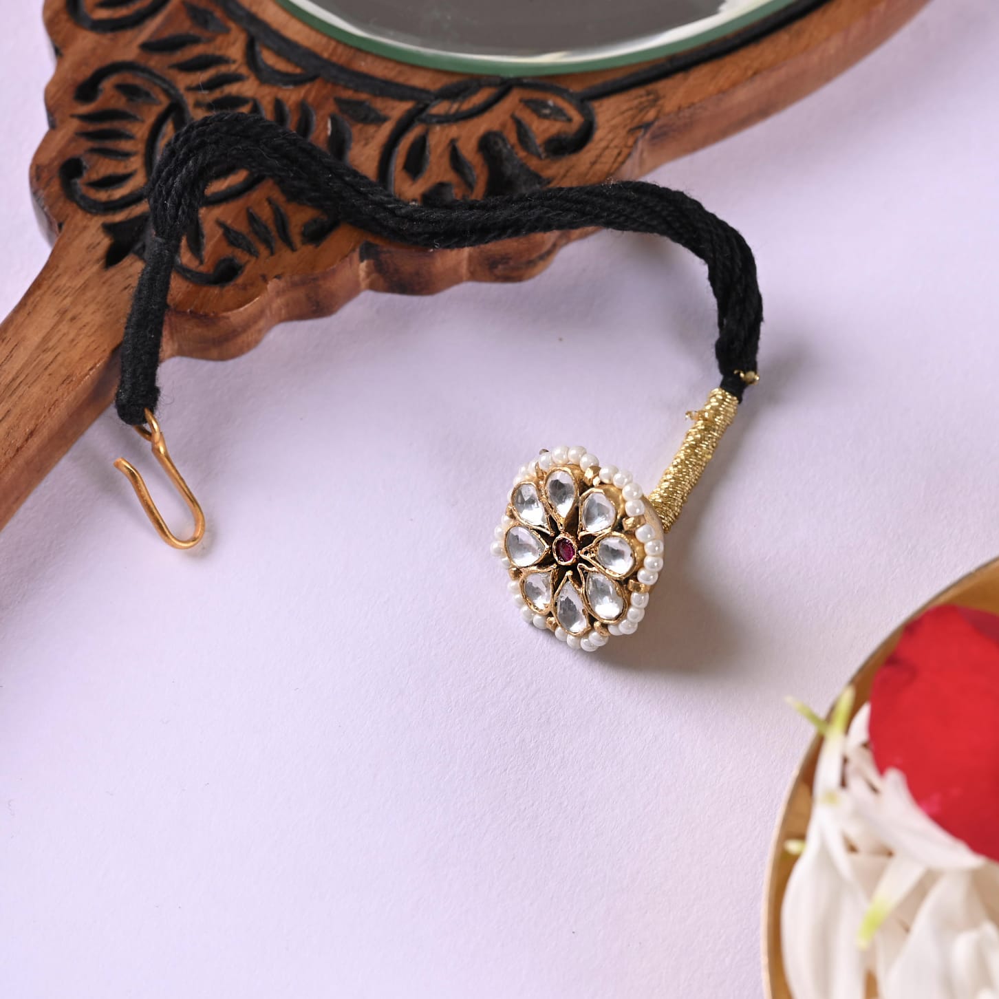 Borla- Hair accessory in Silver Alloy with glass Polki and Pearls dipped in 1 micron Gold plated Brass.