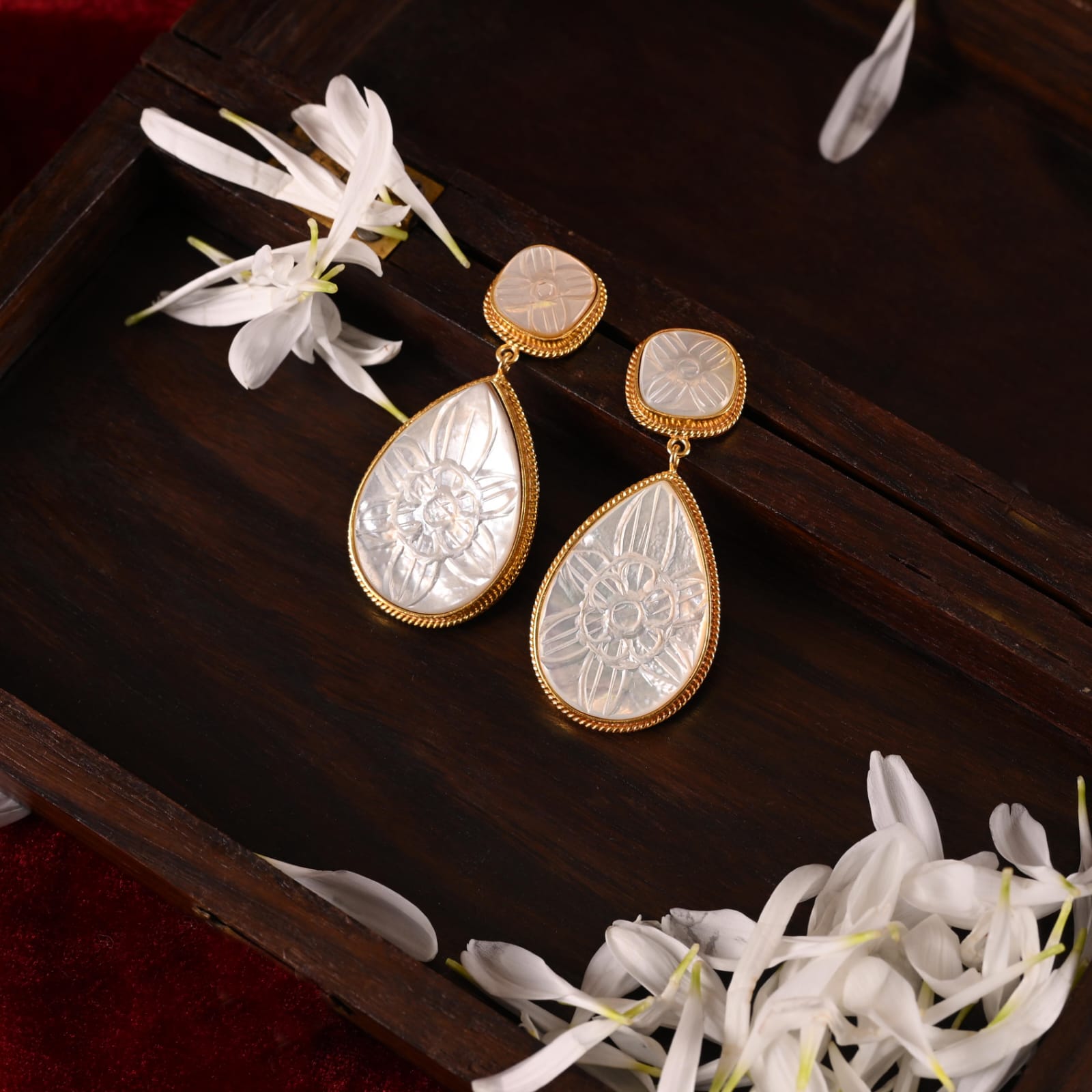 Mother of Pearl earrings in 92.5 Sterling Silver handcrafted and dipped in 1 micron Gold plating.