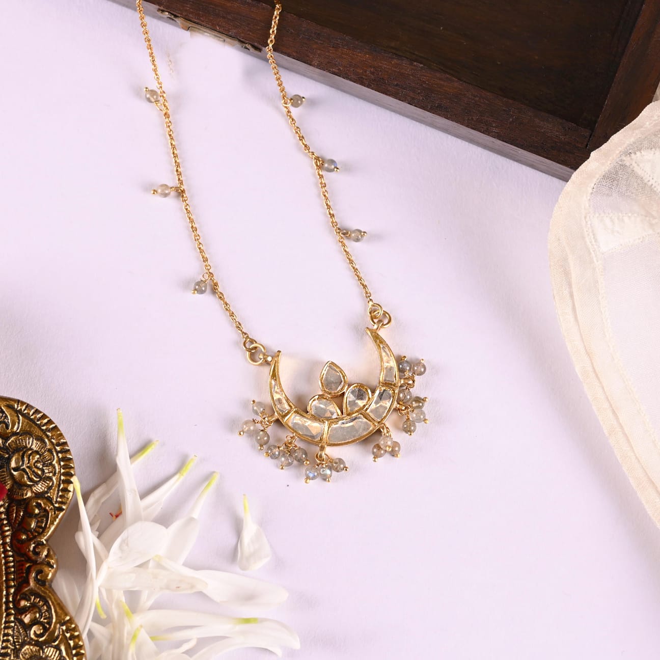 Chaanda necklace in Sterling Silver handcrafted and dipped in micron  Gold plating with Jadau-Polki in antique