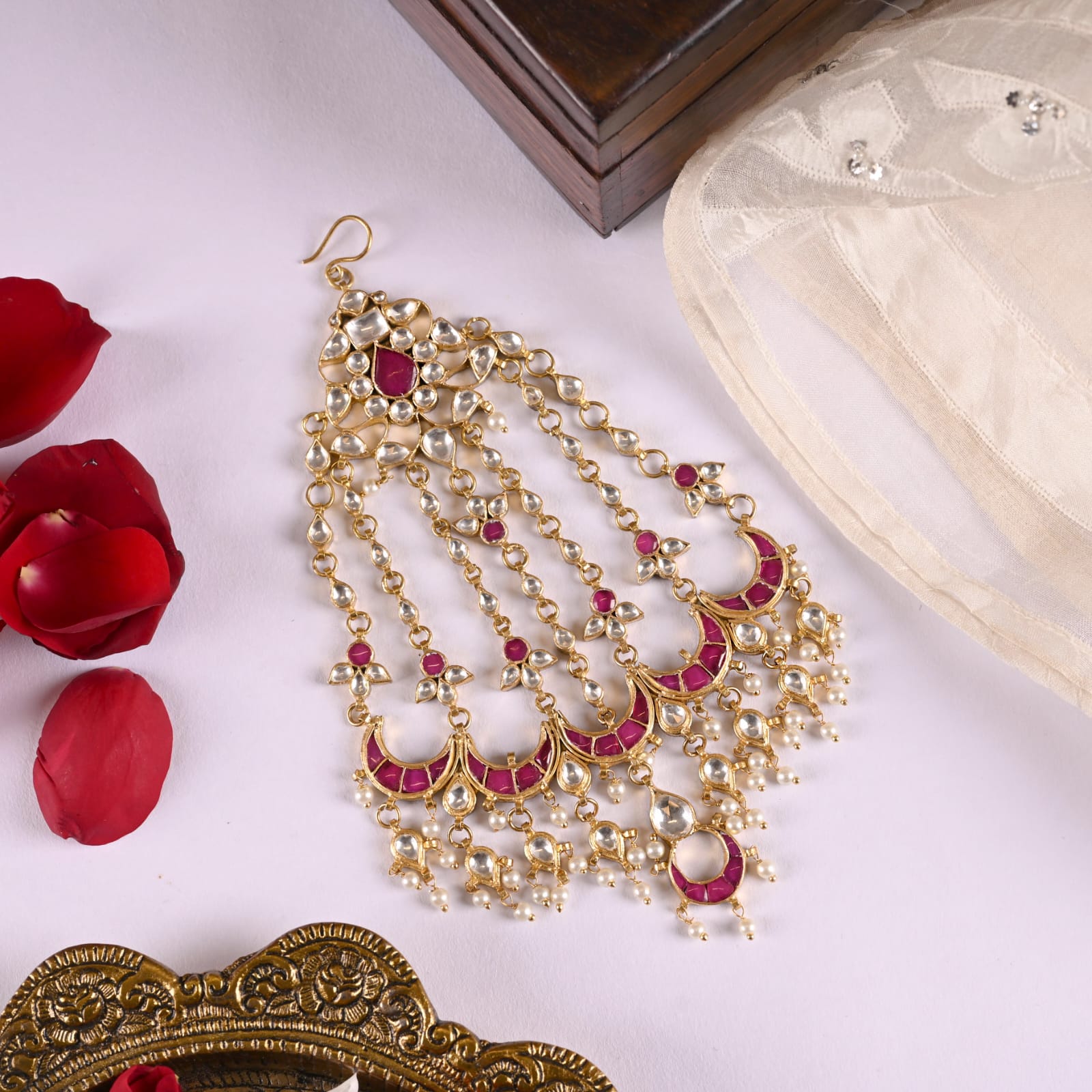 Paasa necklace in Silver Alloy, handcrafted and dipped in 1 micron Gold plating with Jadau-Polki in traditional Pearls and antique finish.