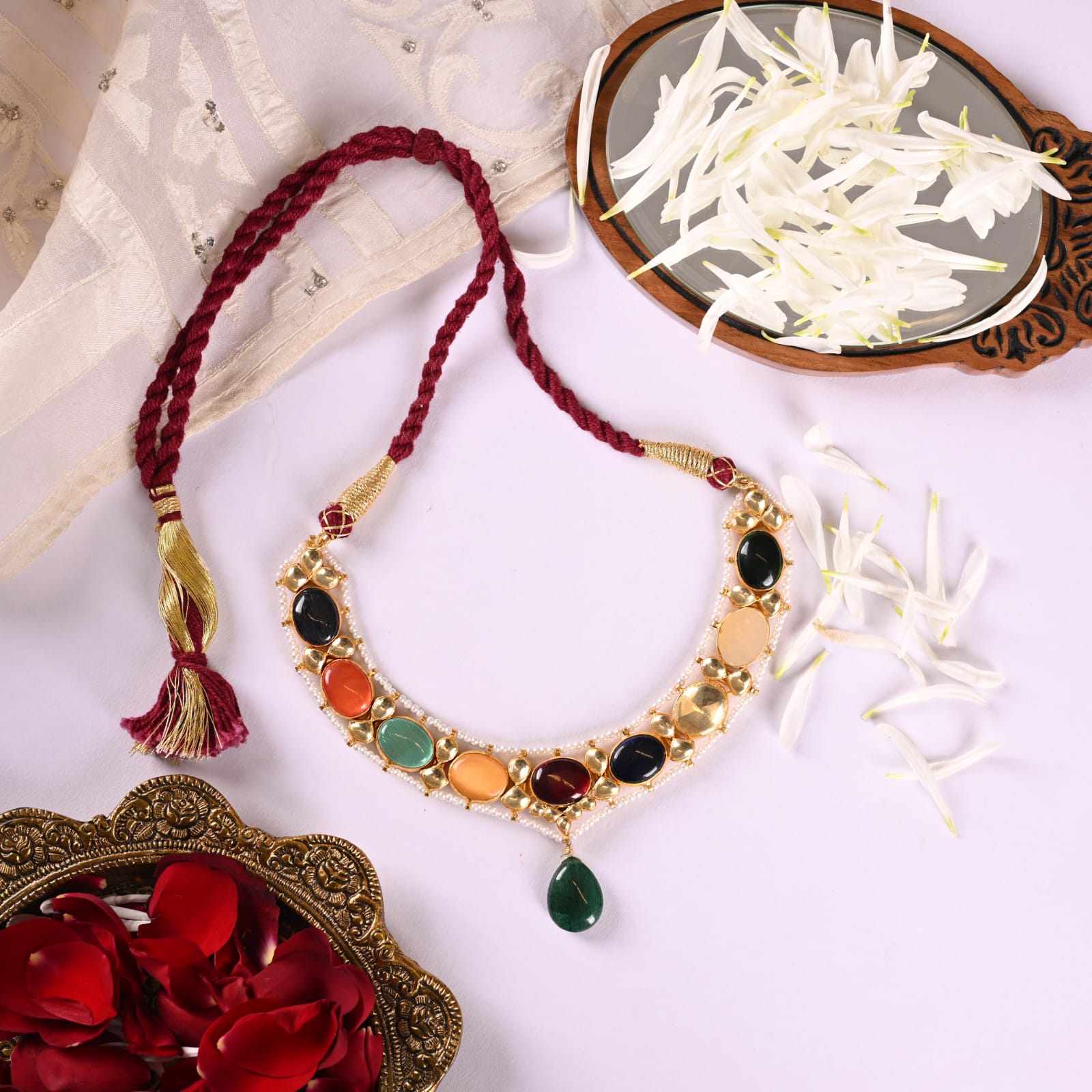 Padma necklace in 92.5 Sterling Silver handcrafted and dipped in 1 micron Gold plating with Jadau-Polki in traditional Navratna antique finish.