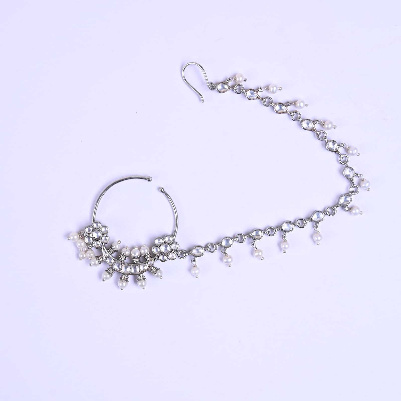 Jodha Nath / Nose Ring in 92.5 Sterling Silver handcrafted in antique finish with Jadau-Polki in traditional Nath.