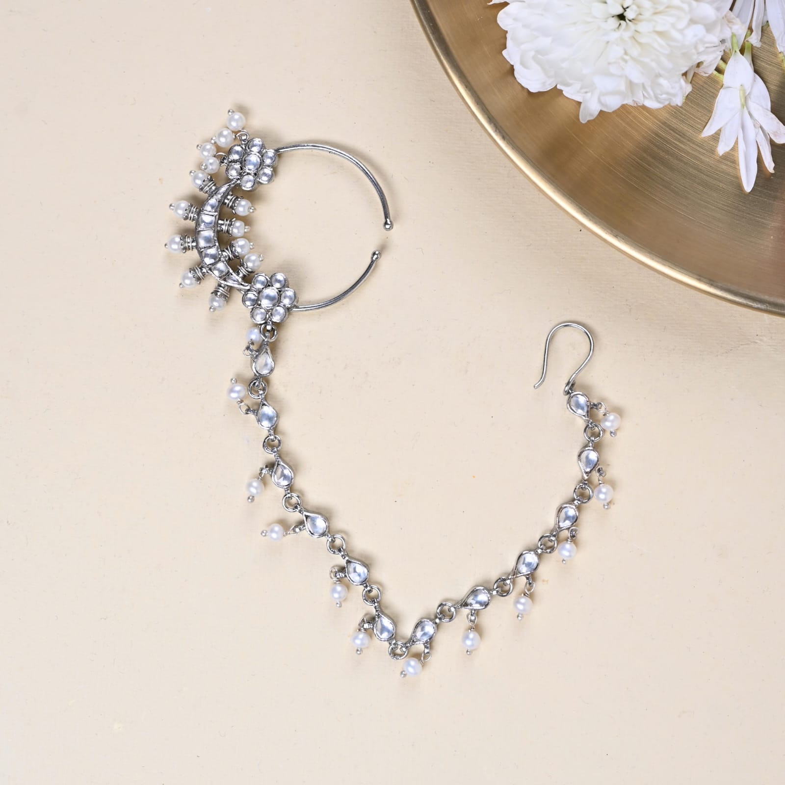 Jodha Nath / Nose Ring in 92.5 Sterling Silver handcrafted in antique finish with Jadau-Polki in traditional Nath.