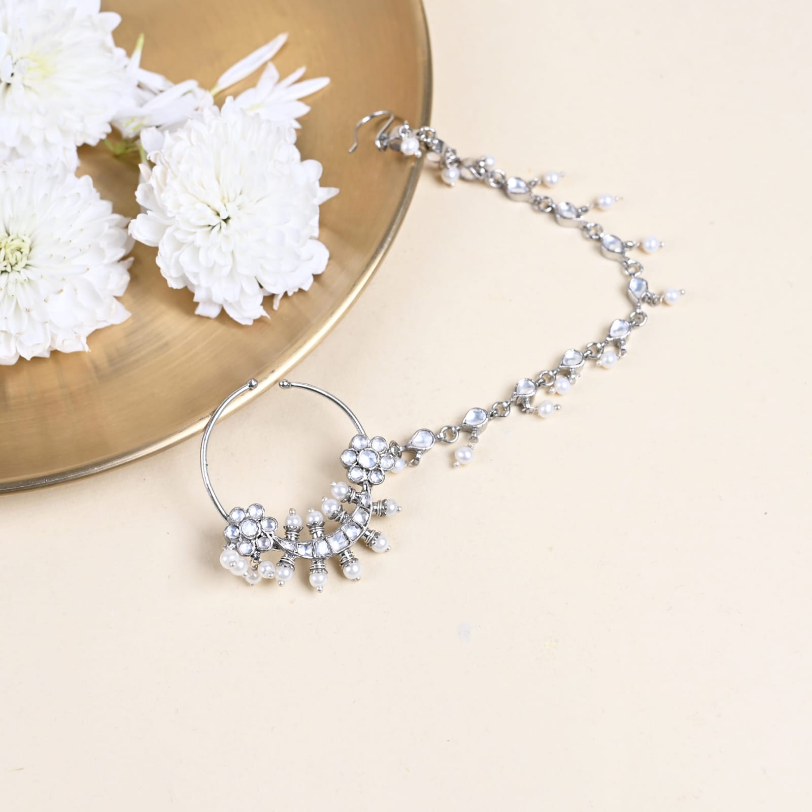 Jodha Nath / Nose Ring in 92.5 Sterling Silver handcrafted in antique finish with Jadau-Polki in traditional Nath.