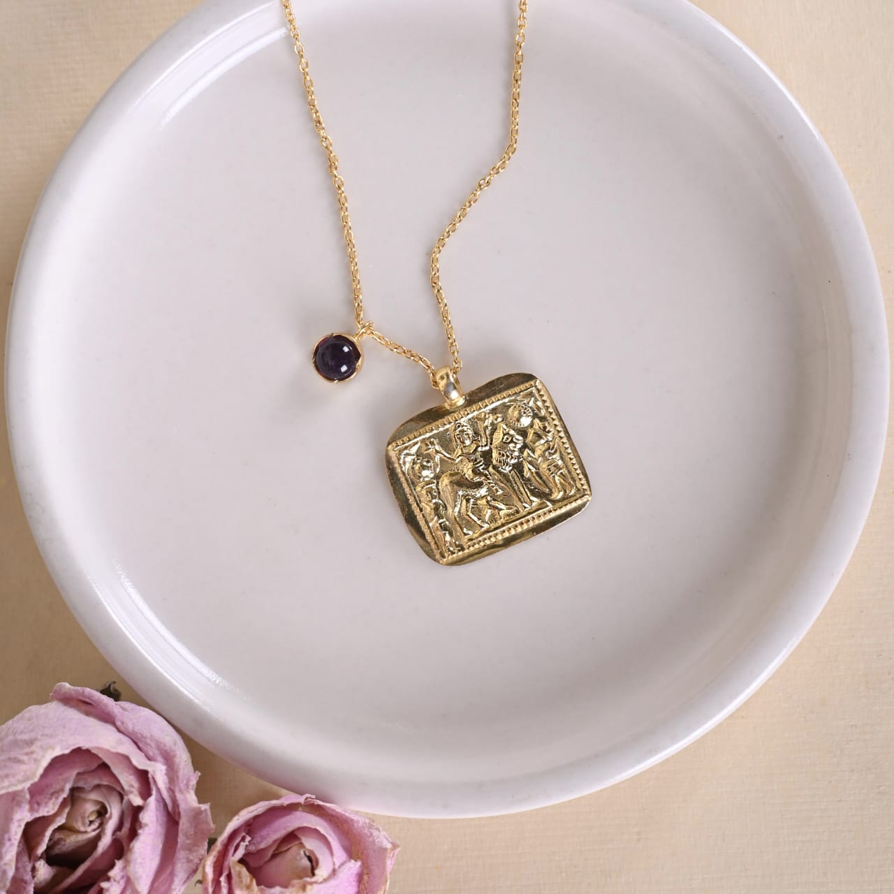 Katayani pendant handcrafted in 92.5 Sterling Silver, dipped in 1 micron Gold plating in an antique embossed finish.