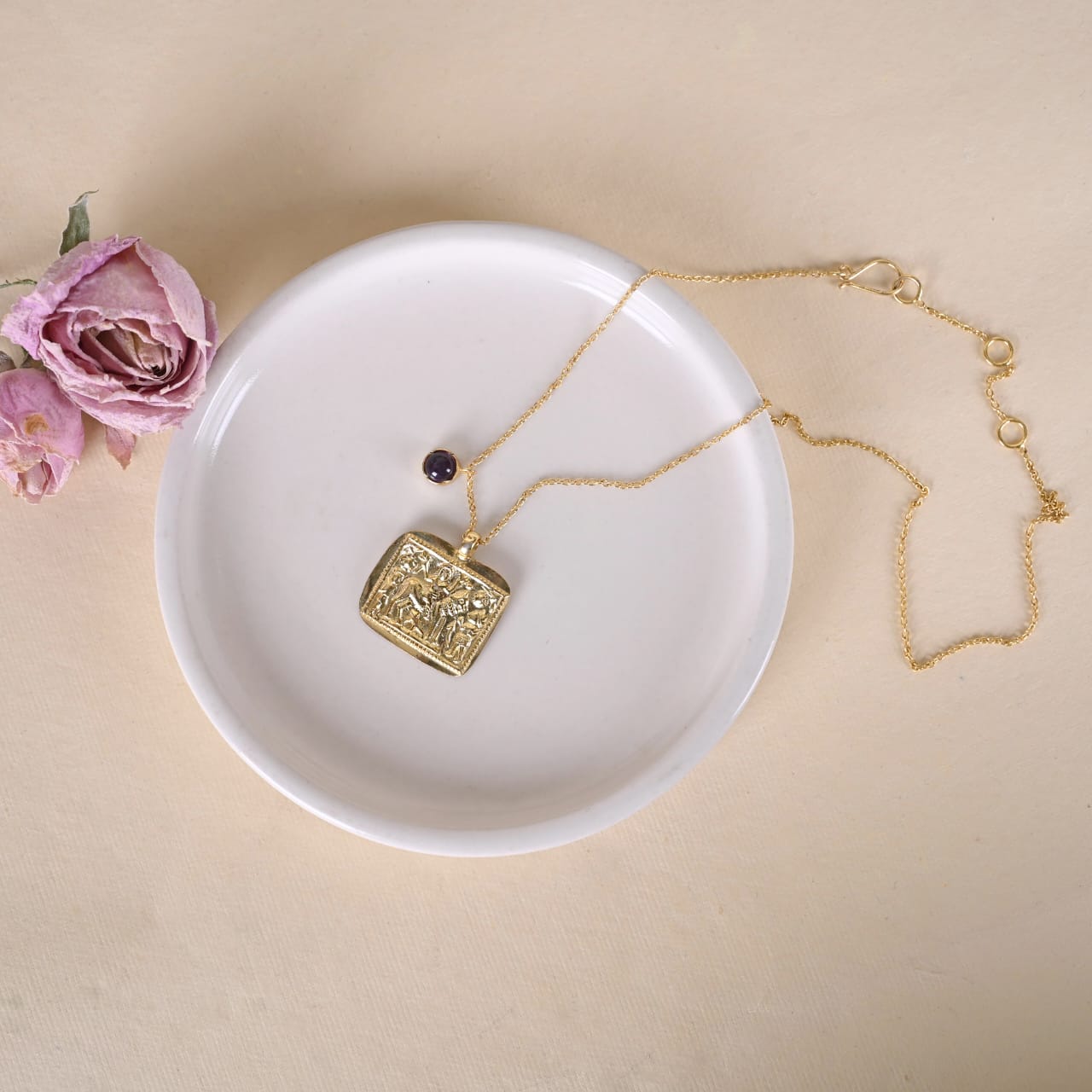 Katayani pendant handcrafted in 92.5 Sterling Silver, dipped in 1 micron Gold plating in an antique embossed finish.