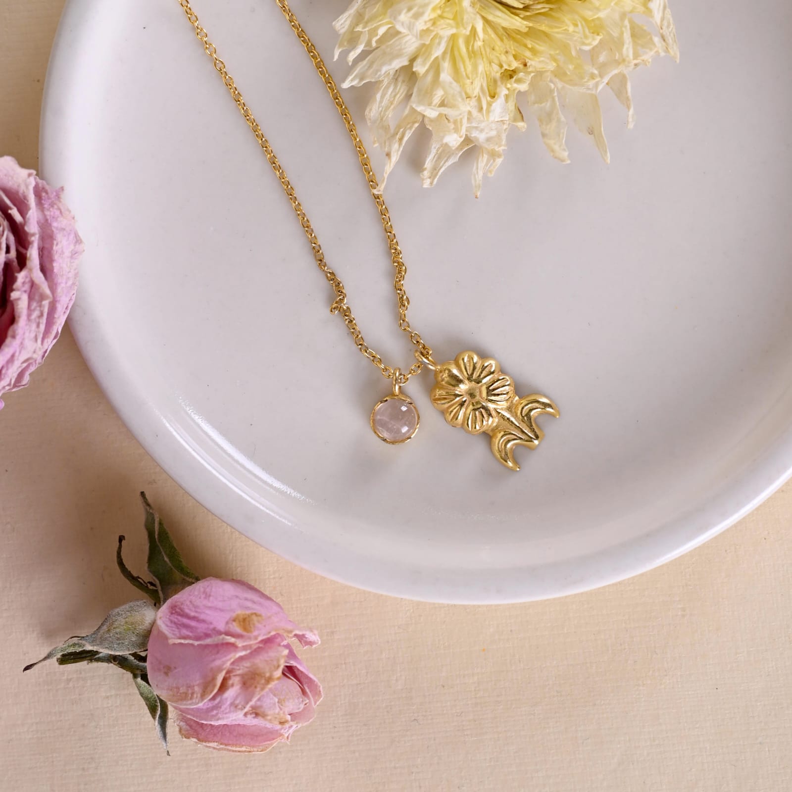 Baagisha pendant in 92.5 Sterling Silver handcrafted in 1 micron Gold plating in antique finish with Rose-Quartz.