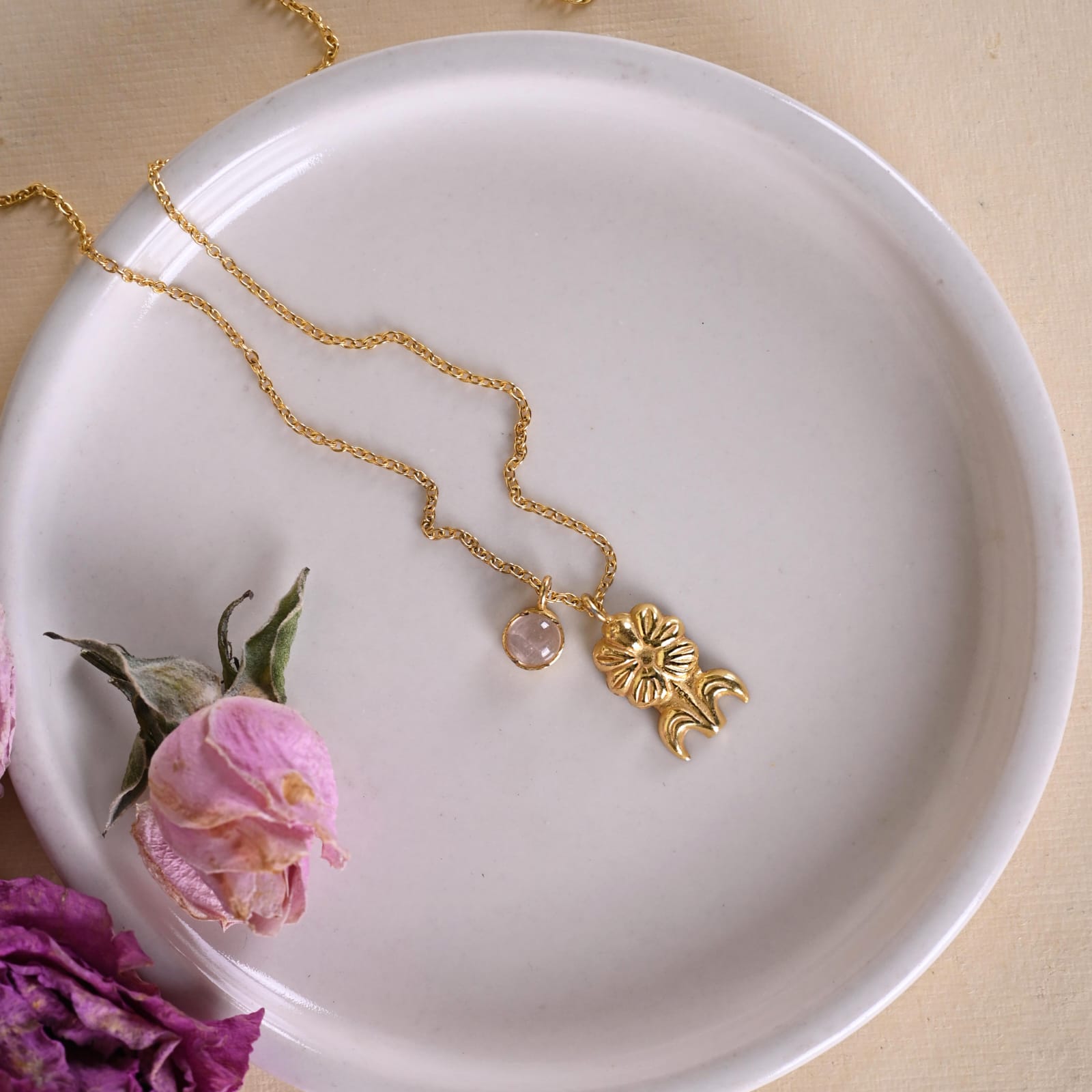 Baagisha pendant in 92.5 Sterling Silver handcrafted in 1 micron Gold plating in antique finish with Rose-Quartz.