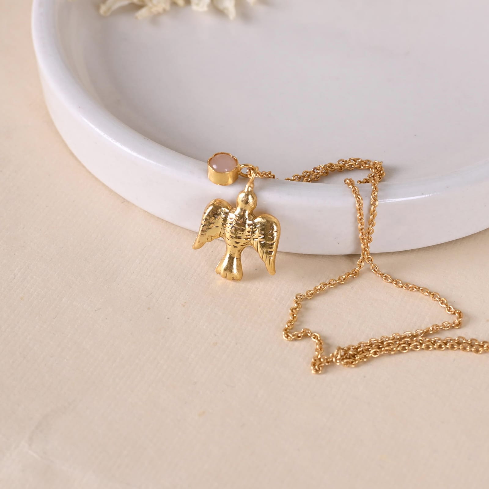 Panchi pendant in 92.5 Sterling Silver handcrafted in 1 micron Gold plating with Rose-Quartz.