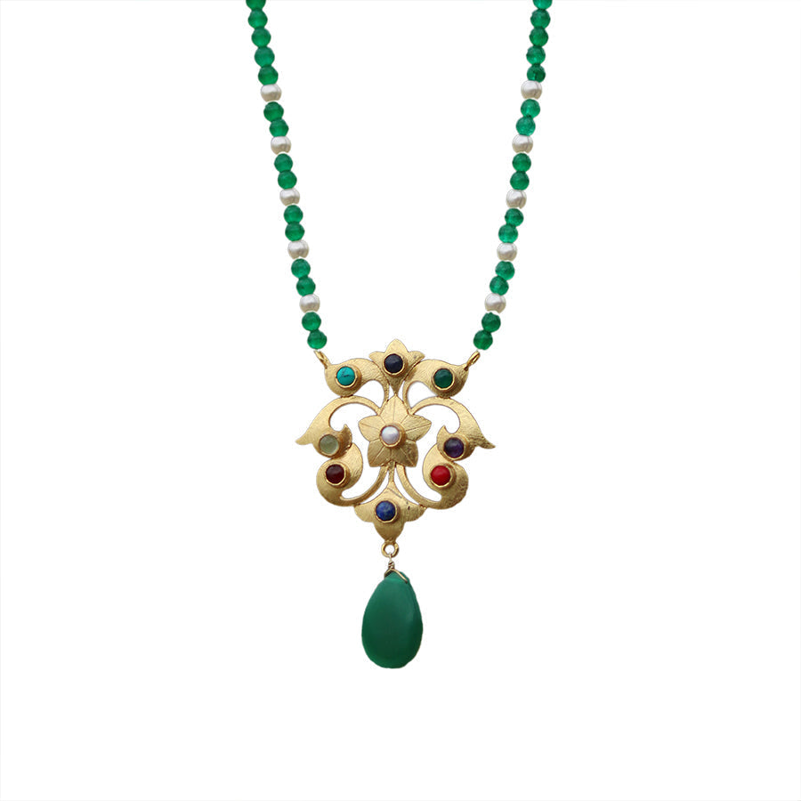 Nine Stone Pendant Beaded Chain Necklace