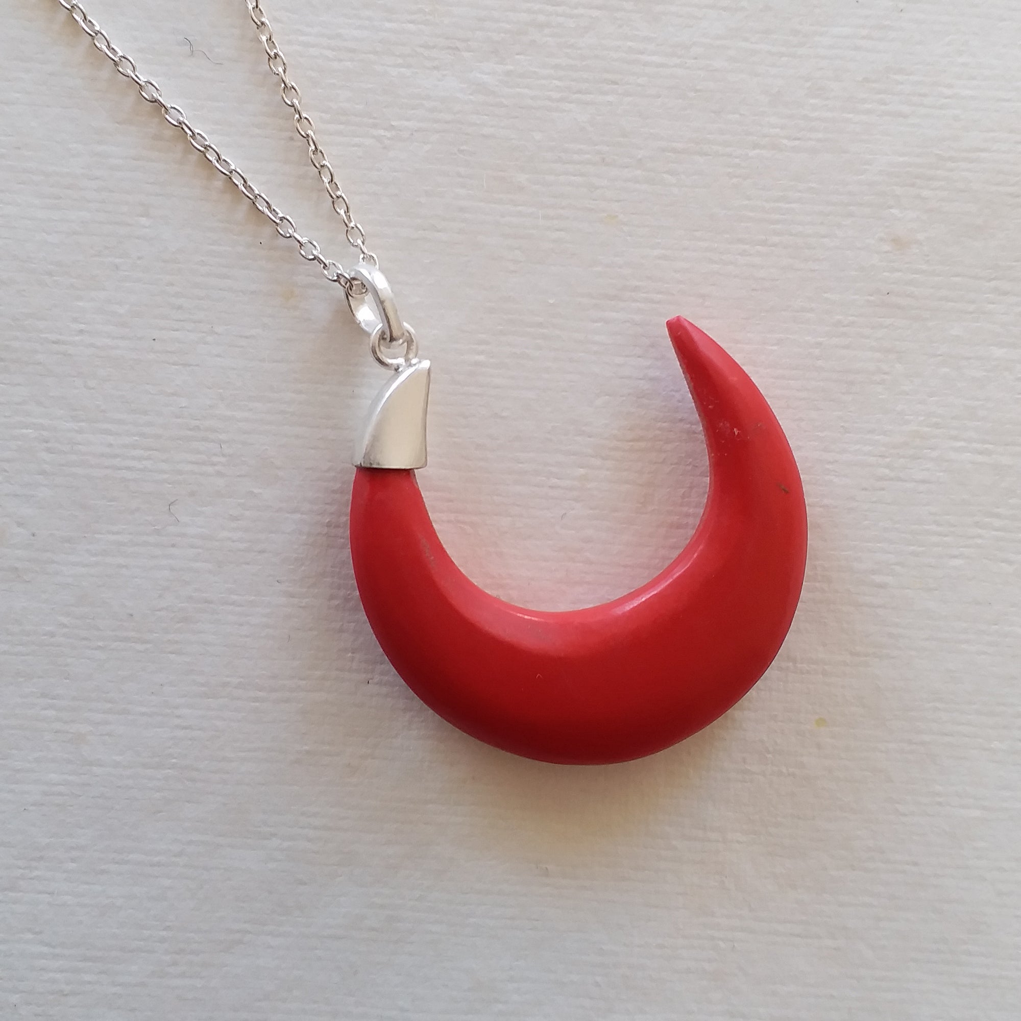 Red Coral Crescent Moon Pendant Necklace