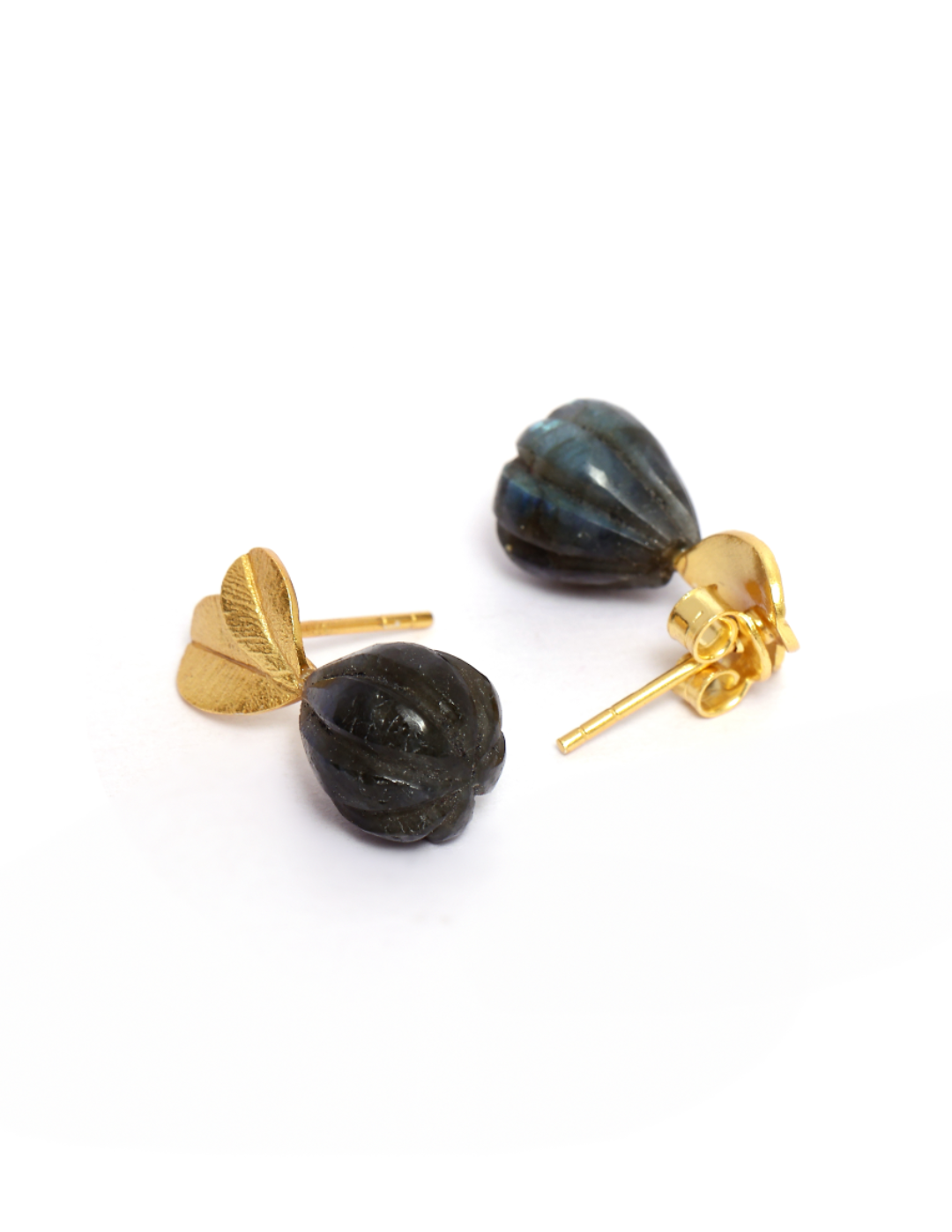Labradorite carved drop earrings in 92.5 Sterling Silver with hand-carved Labradorite stones in Push-Post closure dipped in 18 karat Gold plating.