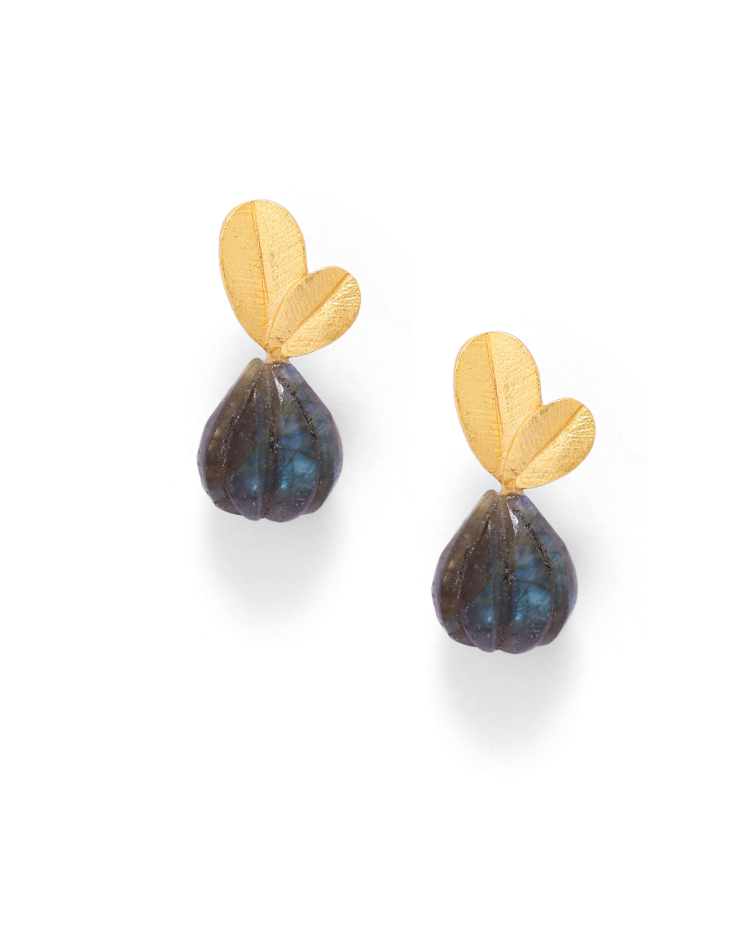 Labradorite carved drop earrings in 92.5 Sterling Silver with hand-carved Labradorite stones in Push-Post closure dipped in 18 karat Gold plating.