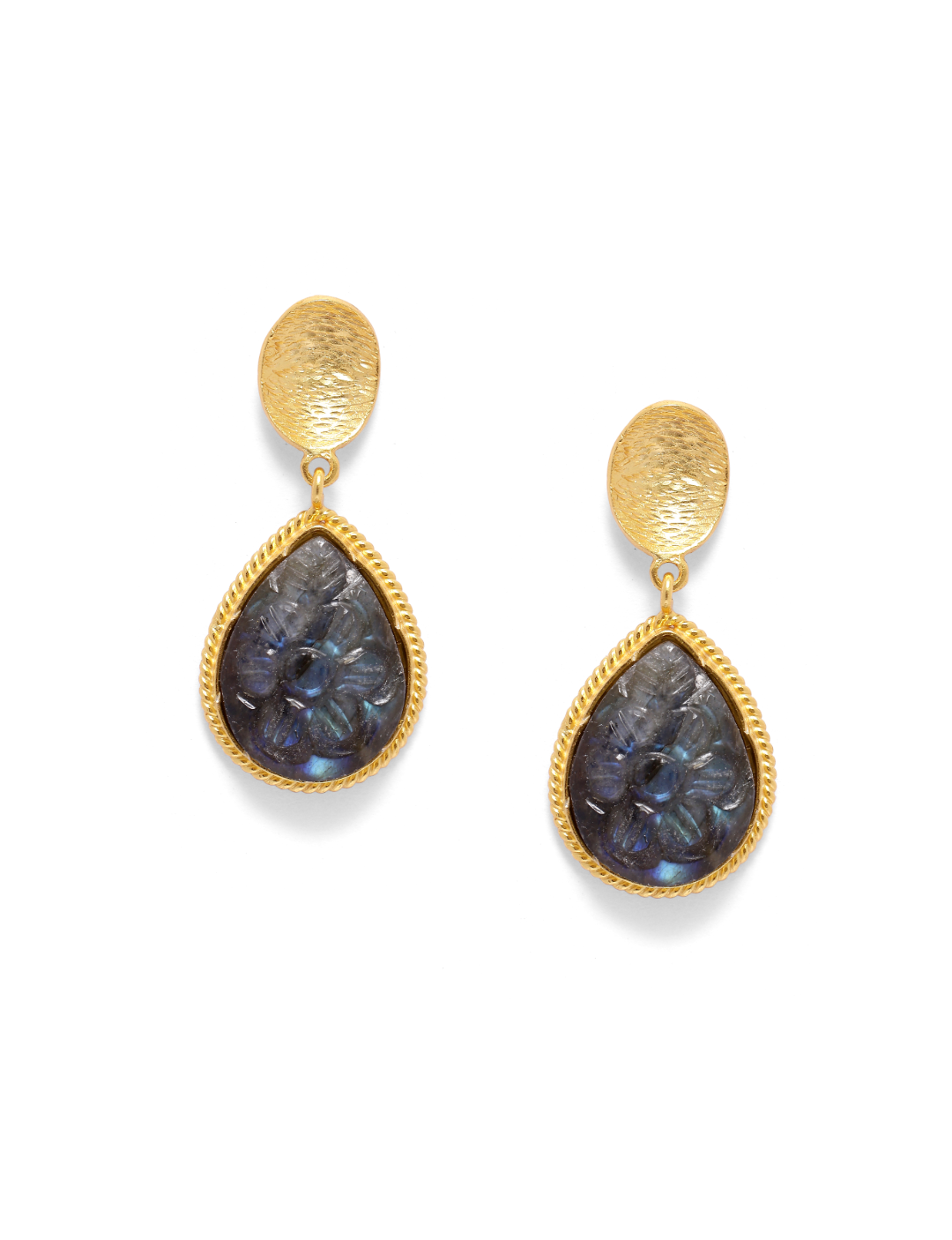 Preet Earrings in 92.5 Sterling Silver in 1 micron Gold plating carved in Labradorite, textured stud earrings.