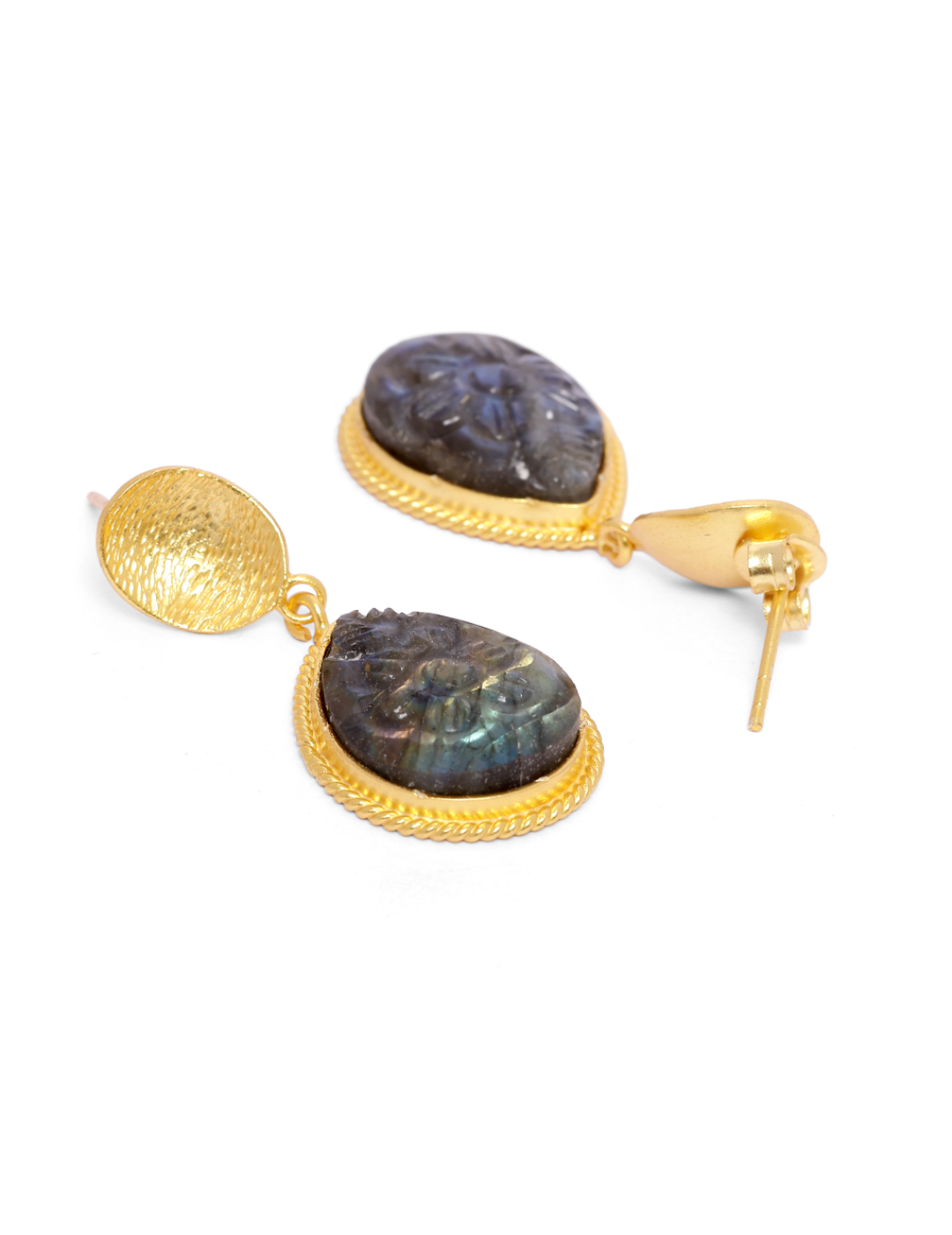 Preet Earrings in 92.5 Sterling Silver in 1 micron Gold plating carved in Labradorite, textured stud earrings.