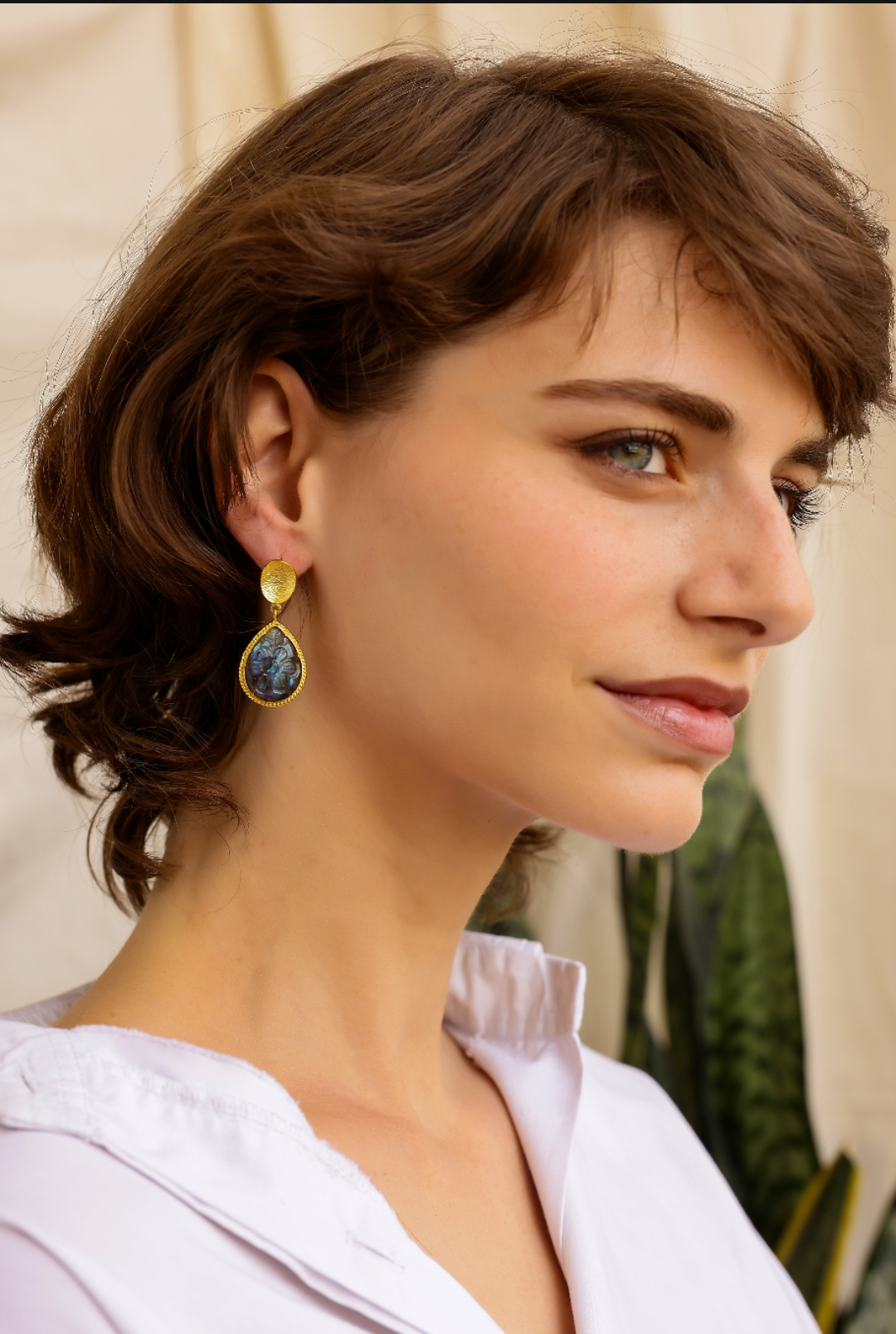 Preet Earrings in 92.5 Sterling Silver in 1 micron Gold plating carved in Labradorite, textured stud earrings.