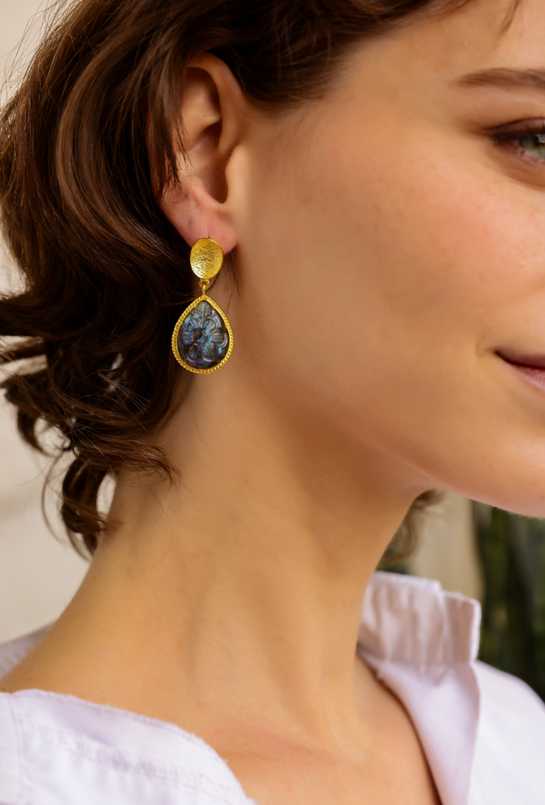 Preet Earrings in 92.5 Sterling Silver in 1 micron Gold plating carved in Labradorite, textured stud earrings.