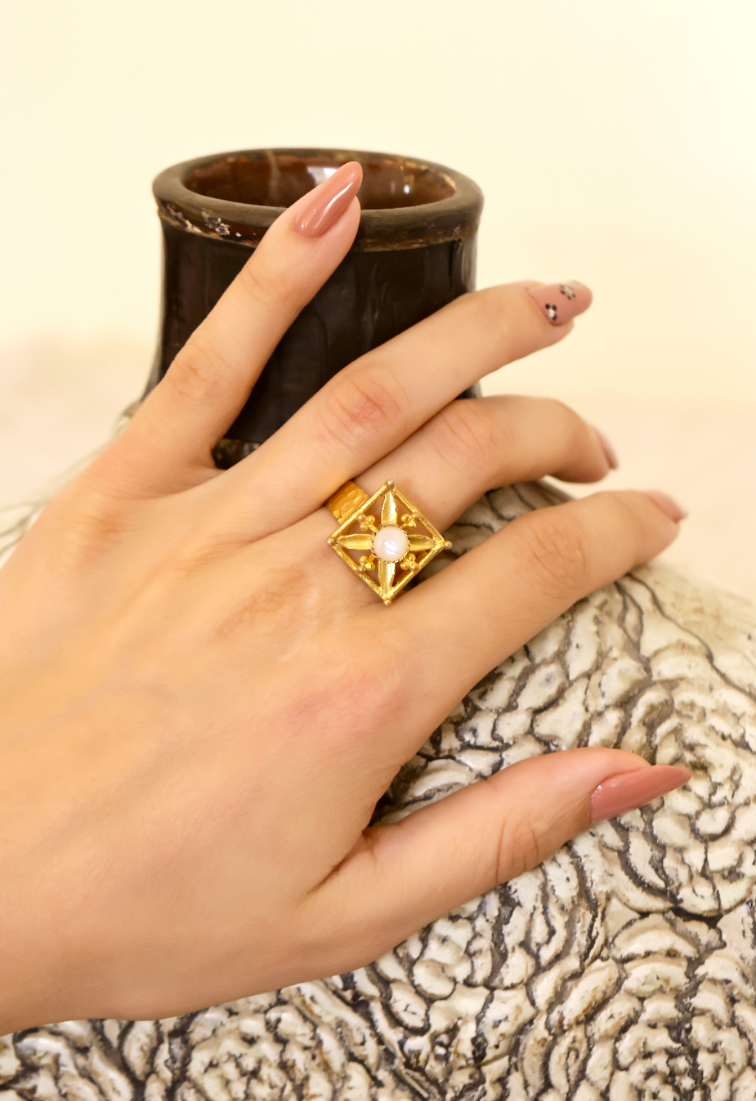 Ujjawala Ring in 92.5 Sterling Silver, handcrafted and dipped in 1 micron Gold plating with semi precious stones.