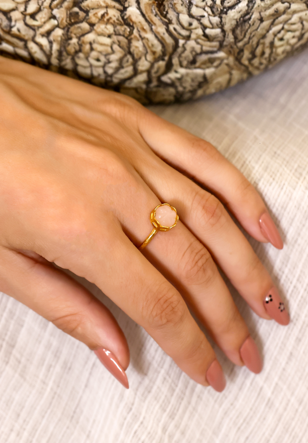 92.5 Sterling Silver handcrafted Anupriya Ring, dipped in 1 micron Gold plating with Melon carved stone.