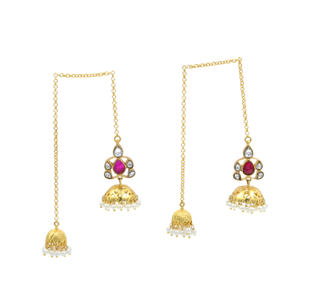 Kashmiri jhumka in 92.5 Sterling silver handcrafted and dipped in 1 micron Gold plating in Jadau-Polki.
