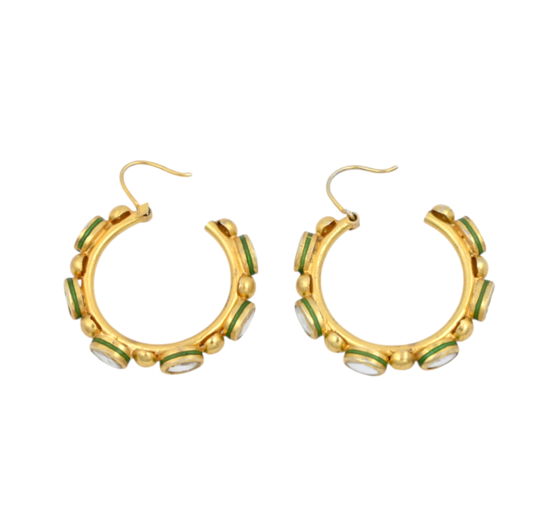 Earrings-Hoops in 92.5 Sterling Silver handcrafted and dipped in 1 micron Gold plating with Jadau-Polki in Enamel.
