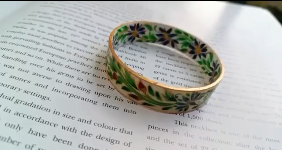 White and green hand painted bangle in silver