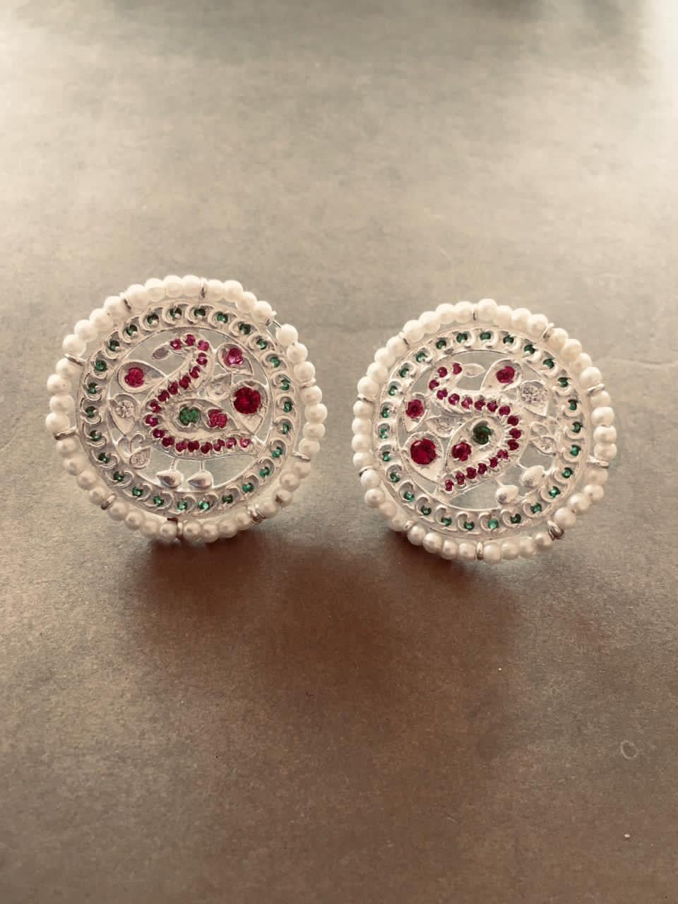 Peacock silver Jadau ear studs