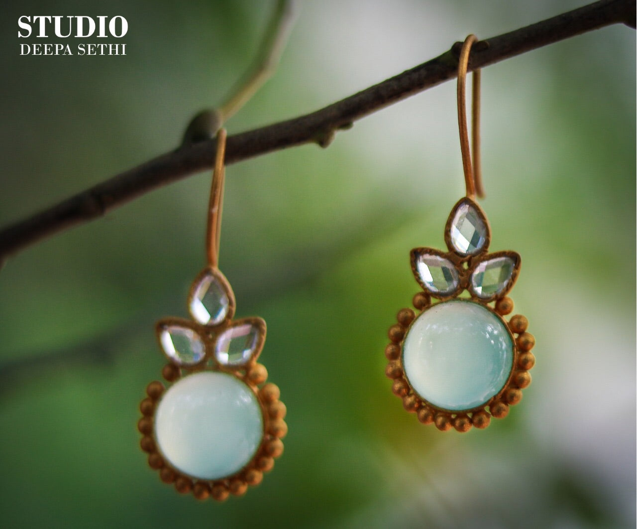 Bezel Set Crystal Aqua Chalcedony Hook Earrings