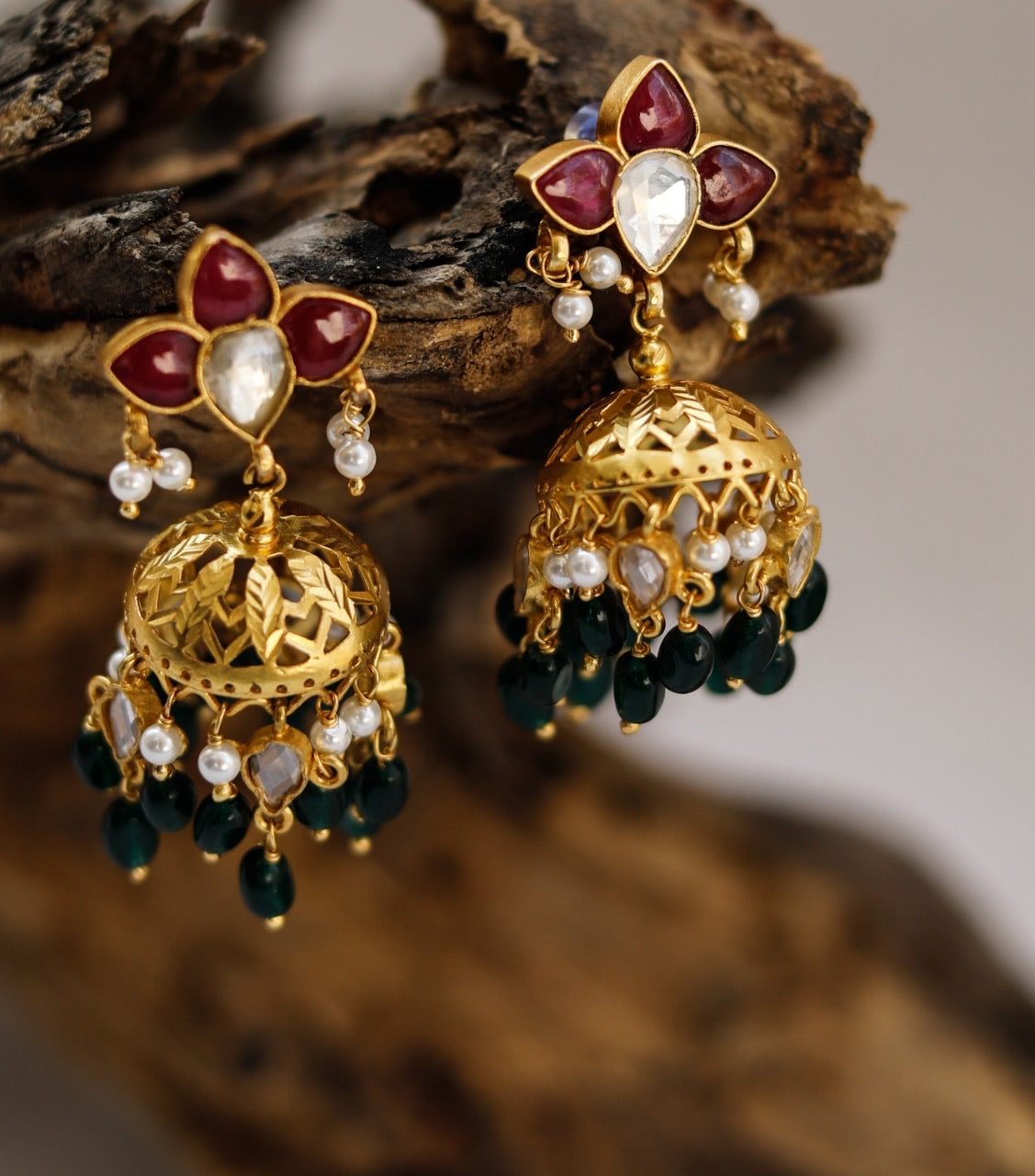 Jadau red and green carved jhumka