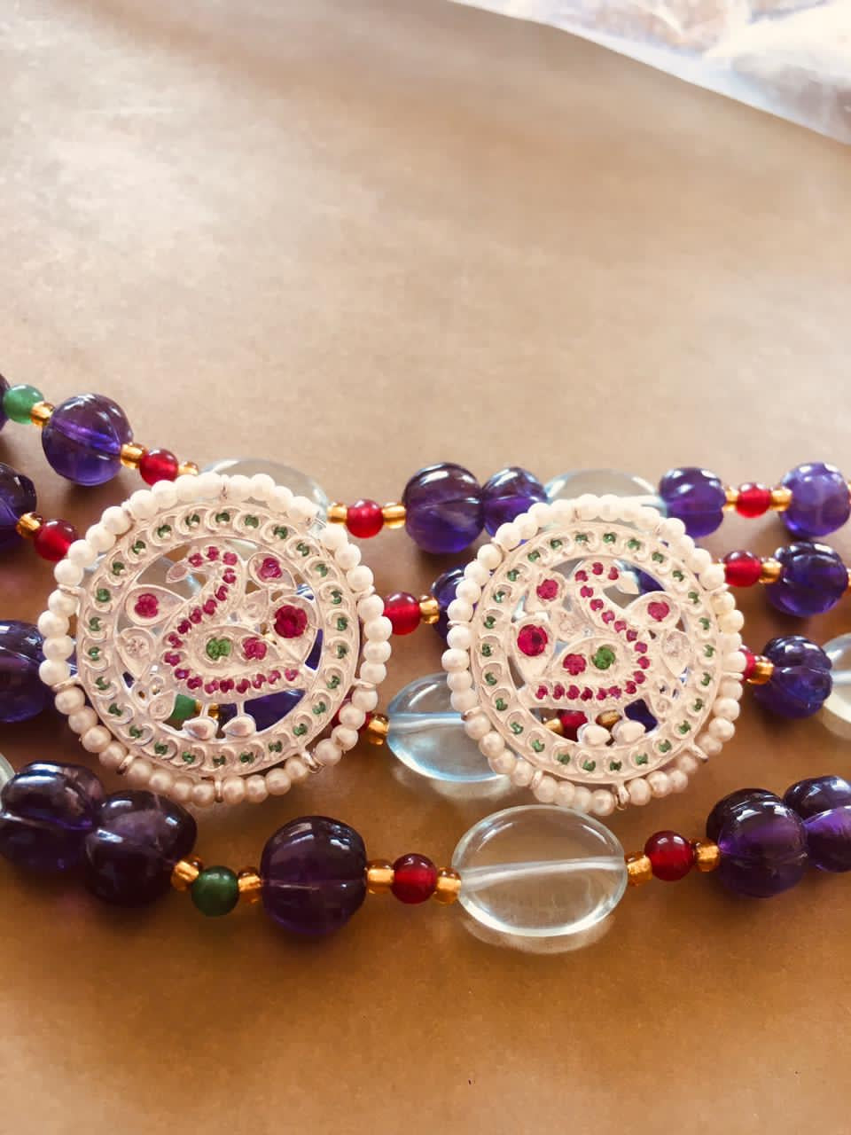 Peacock silver Jadau ear studs