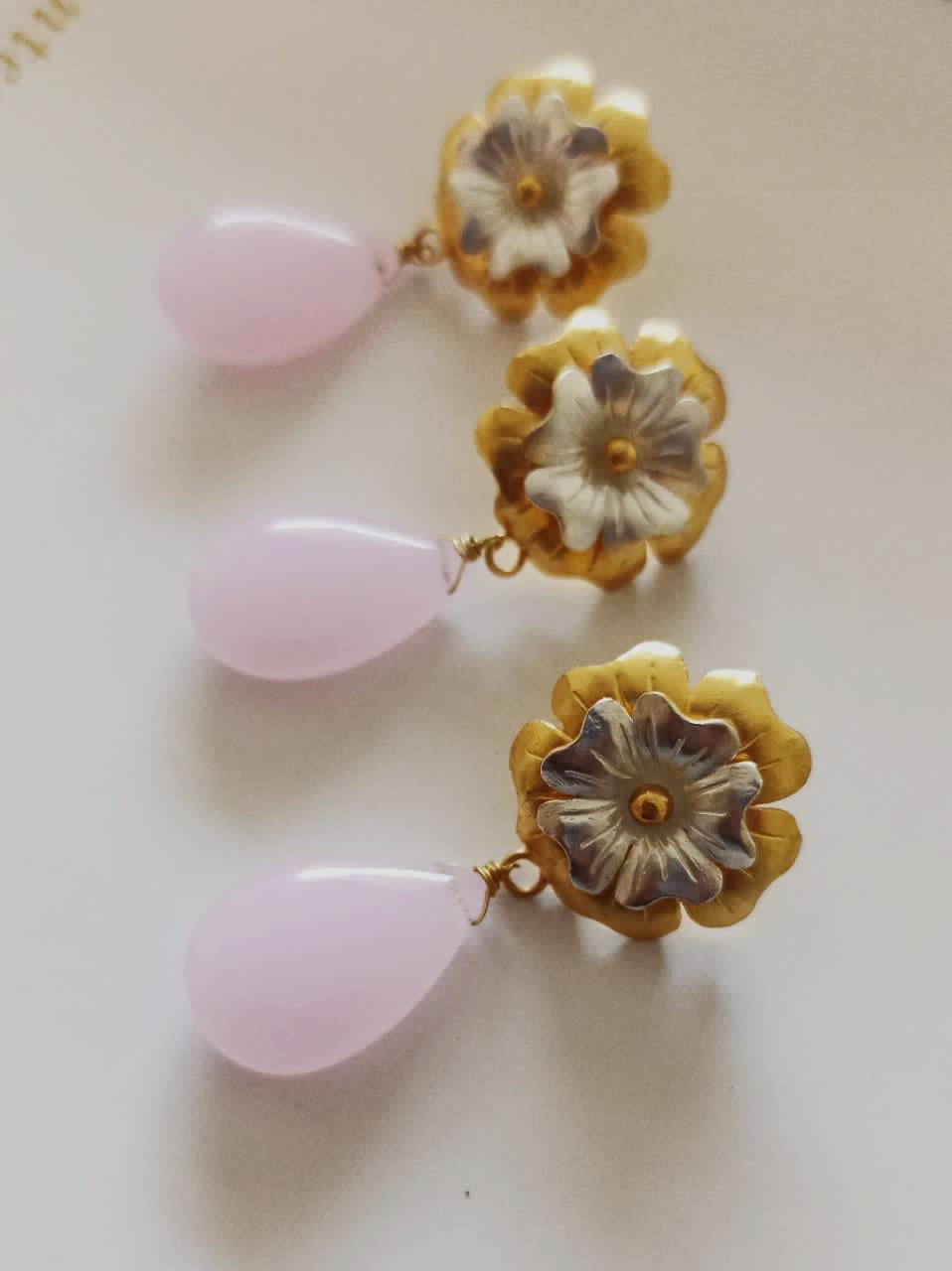 Pink chalcydony drops silver gold earrings