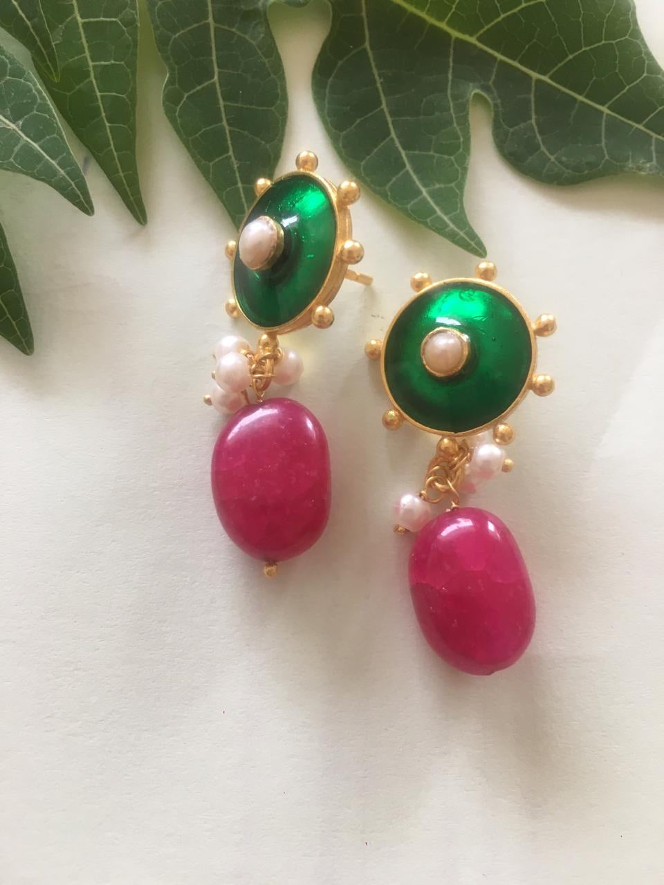 Enamel green with red quartz drop sterling silver