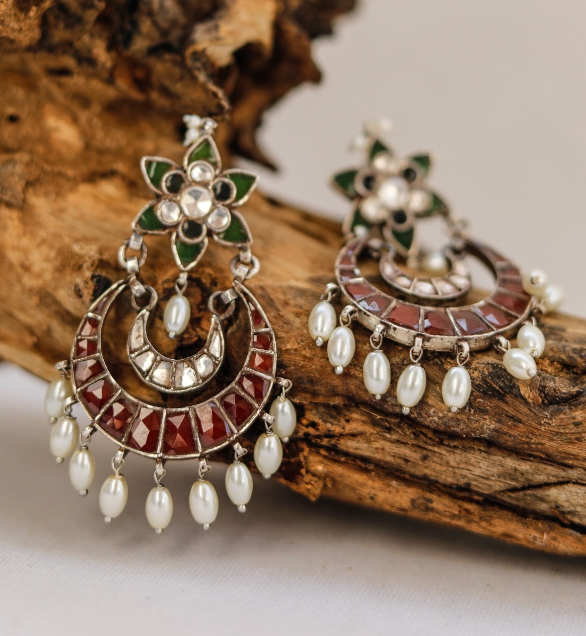 Jadau red green Chand hoops