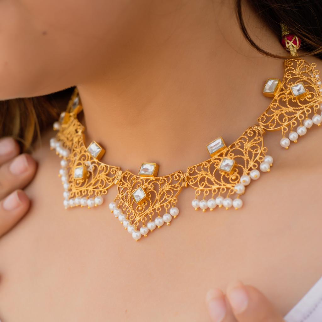 Filigiri jaali Polki pearl necklace