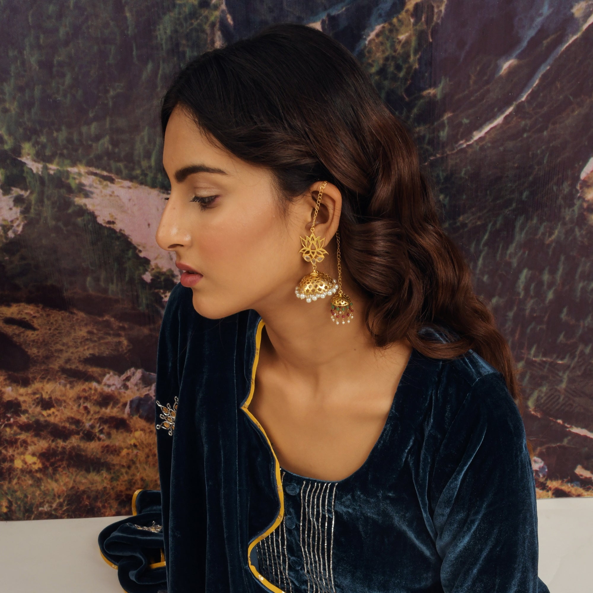 Gold Lotus Double Jhumka Earrings