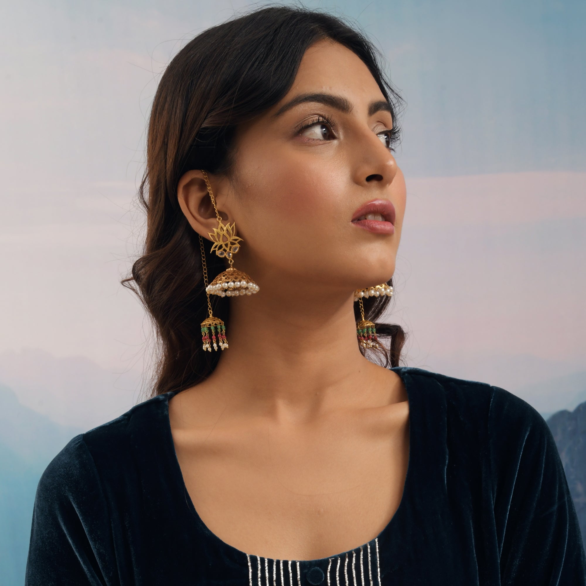 Polki Pendant Necklace With Heavy Beaded Lotus Jhumka