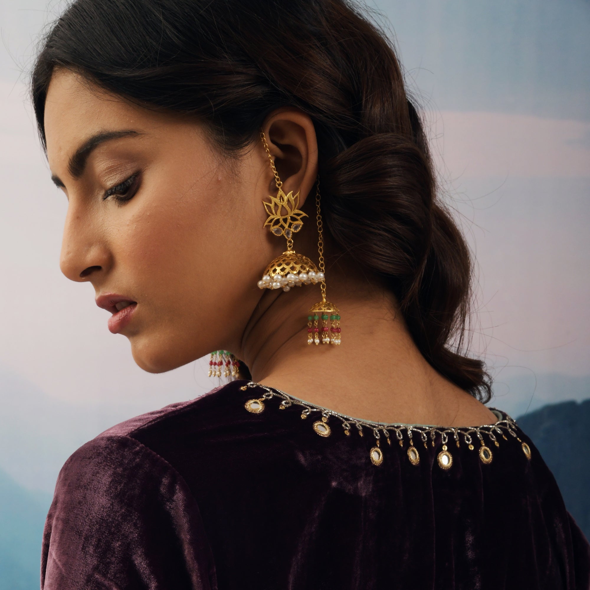 Gold Lotus Double Jhumka Earrings