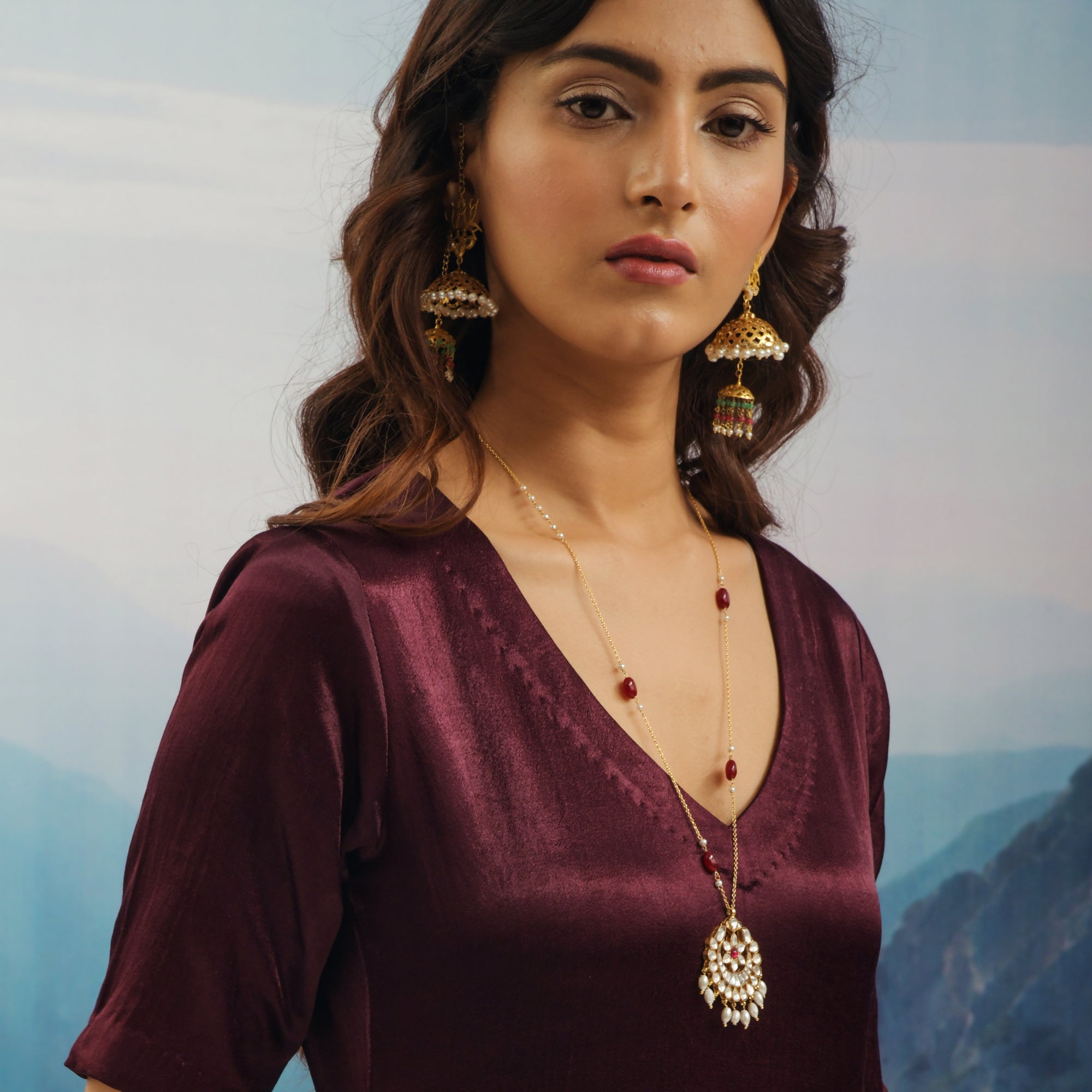 Polki Pendant Necklace With Heavy Beaded Lotus Jhumka