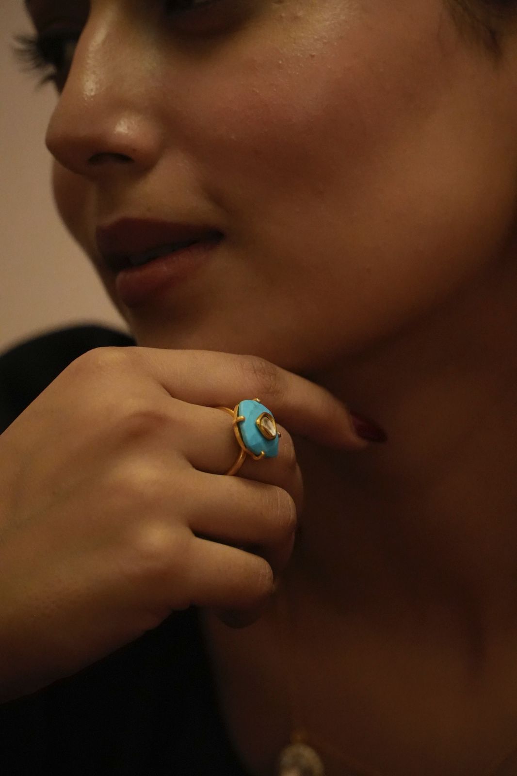 Turquoise ring in 92.5 Sterling Silver recon Turquoise ring with Billor Polki, adjustable in 1 micron Gold plating.