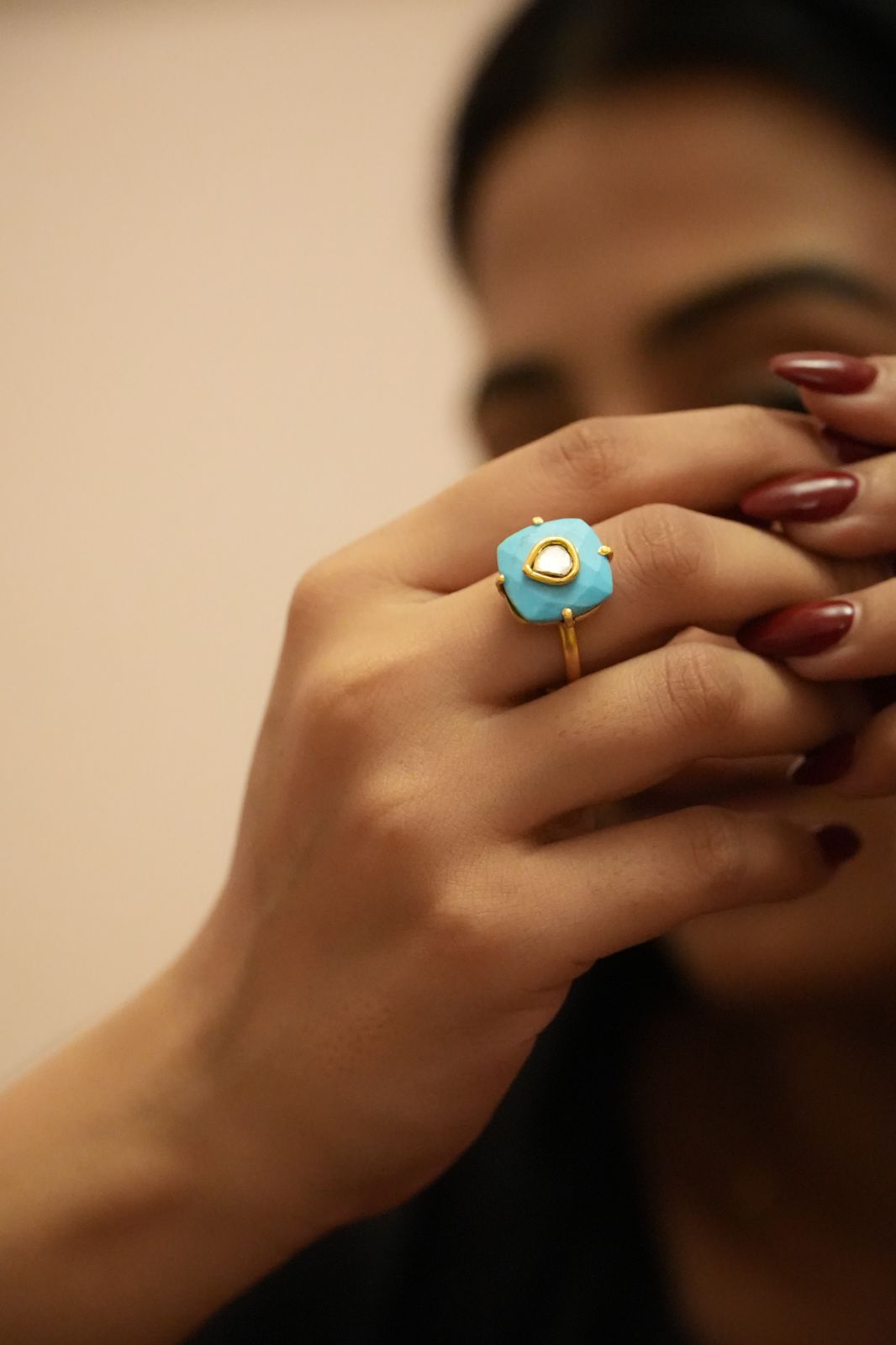 Turquoise ring in 92.5 Sterling Silver recon Turquoise ring with Billor Polki, adjustable in 1 micron Gold plating.